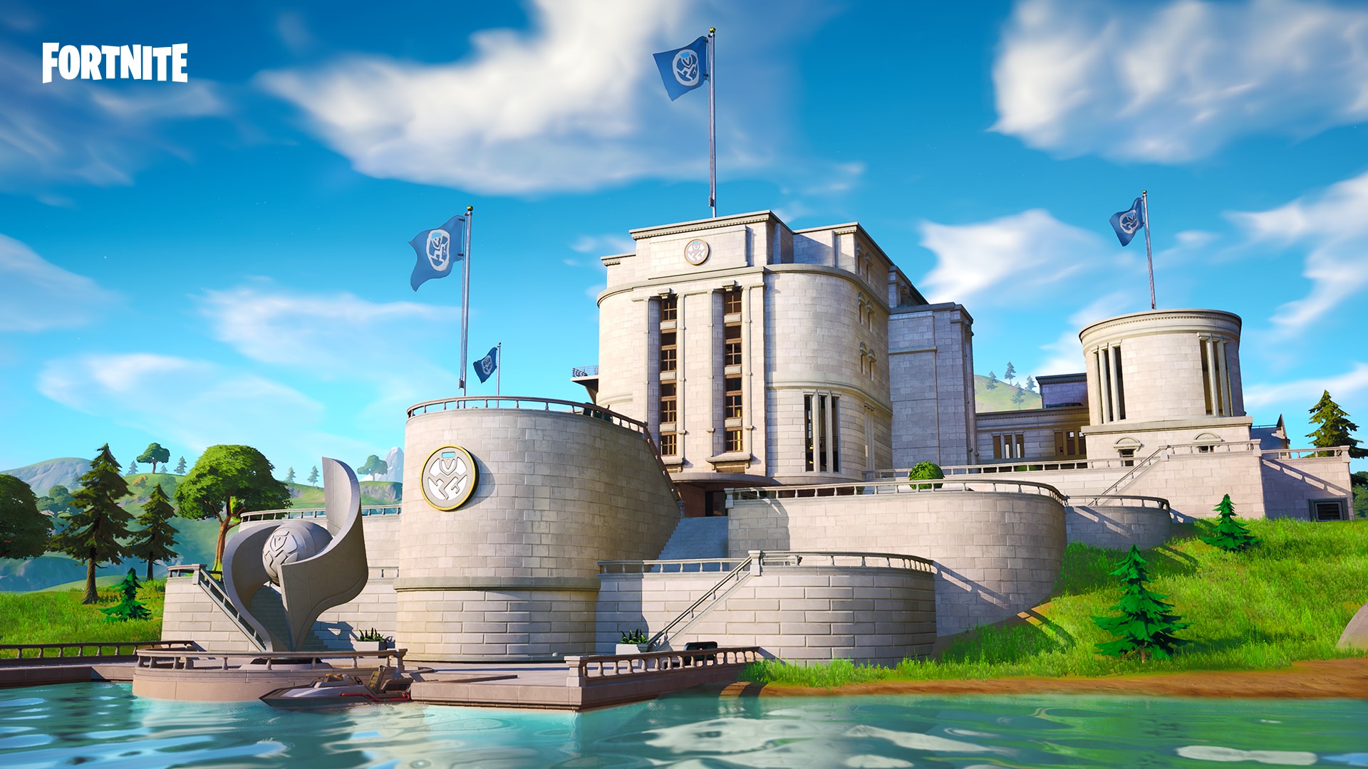 Fortnite building with flags and water HD Wallpaper