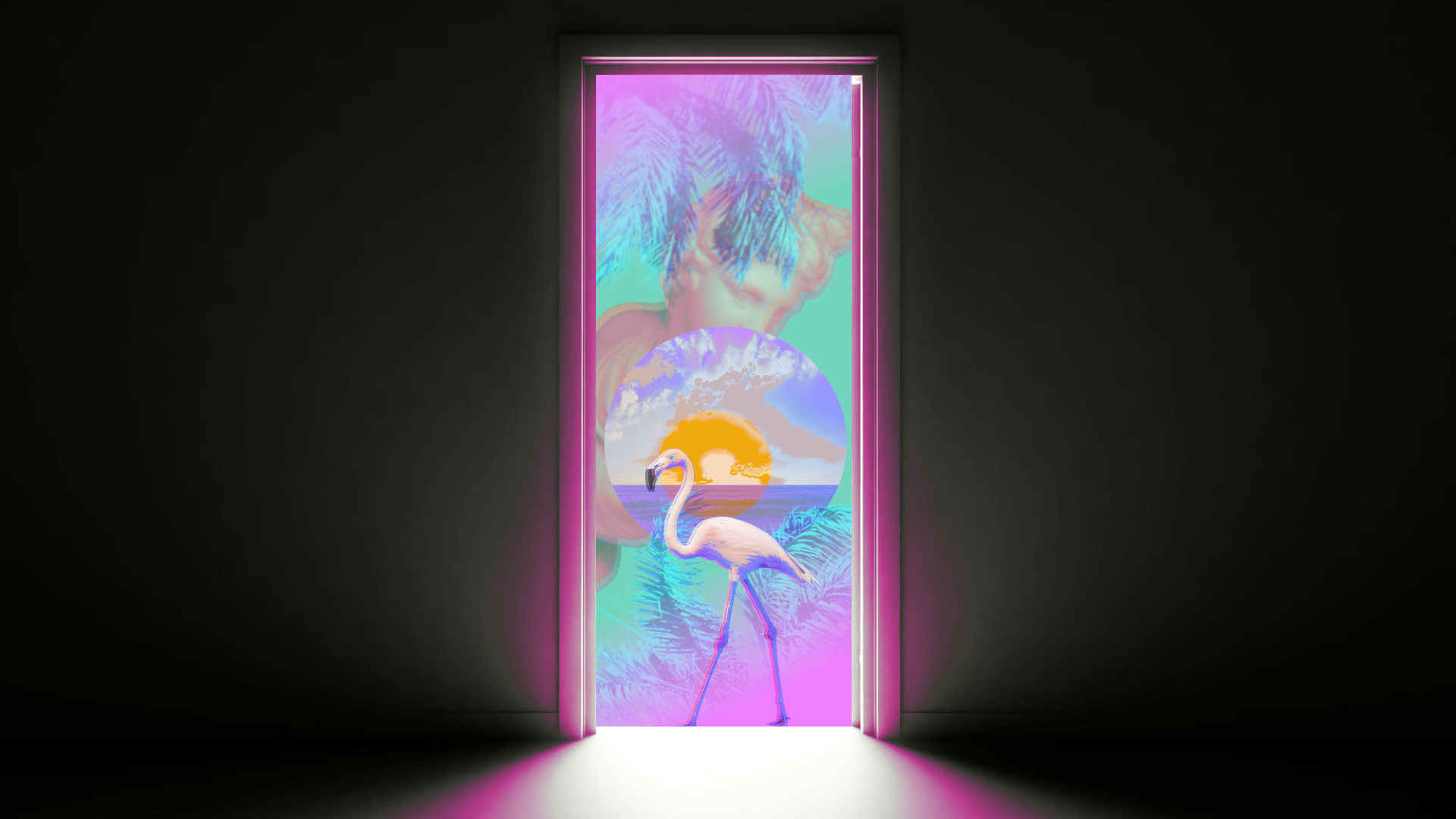Flamingo in a doorway with vaporwave art HD Wallpaper