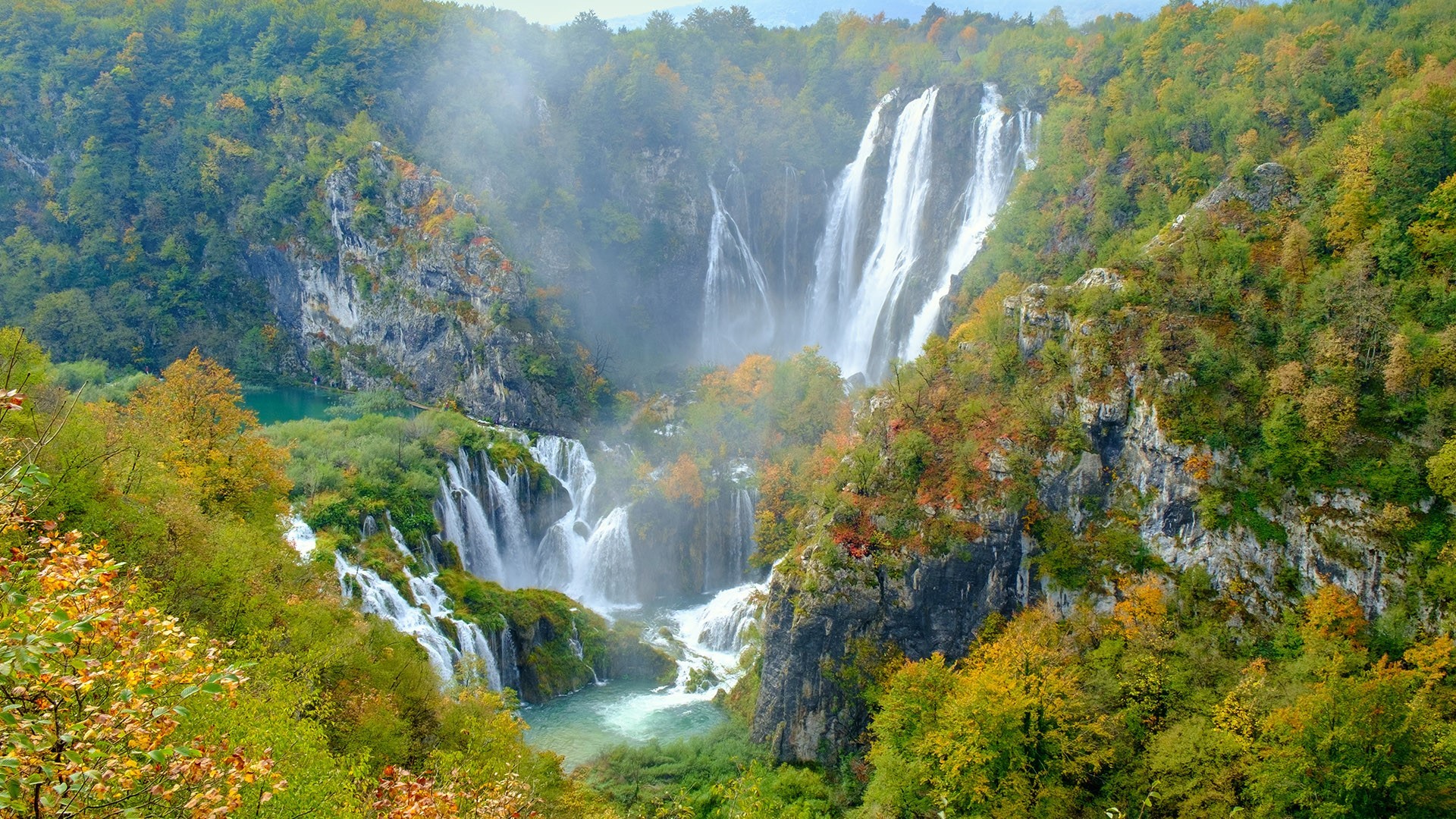 Waterfalls in Plitvice National Park during fall HD Wallpaper