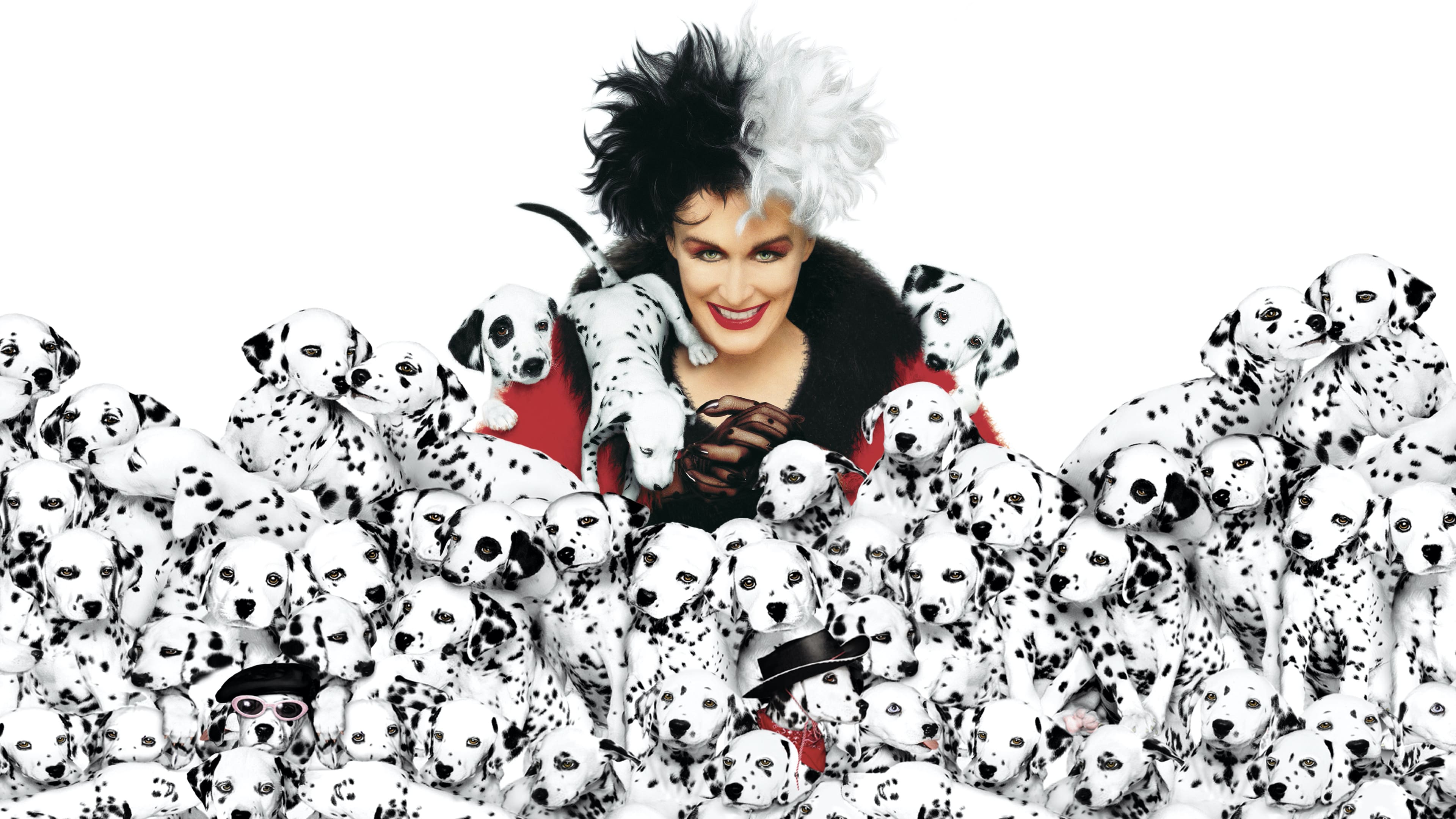 Cruella de Vil surrounded by Dalmatians 4K HD Wallpaper