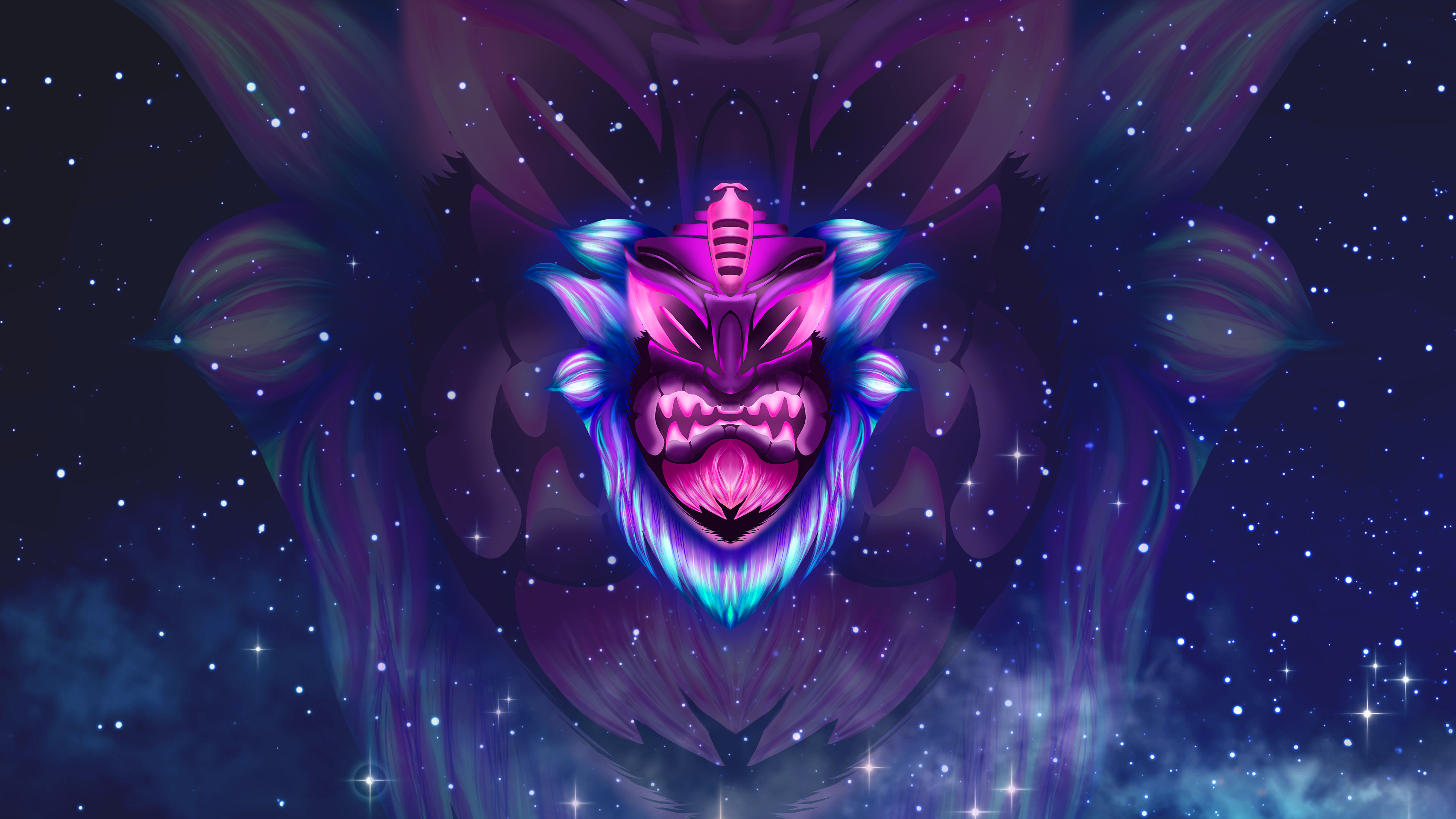 4K Glowing Tiki Mask in Space with Stars HD Wallpaper