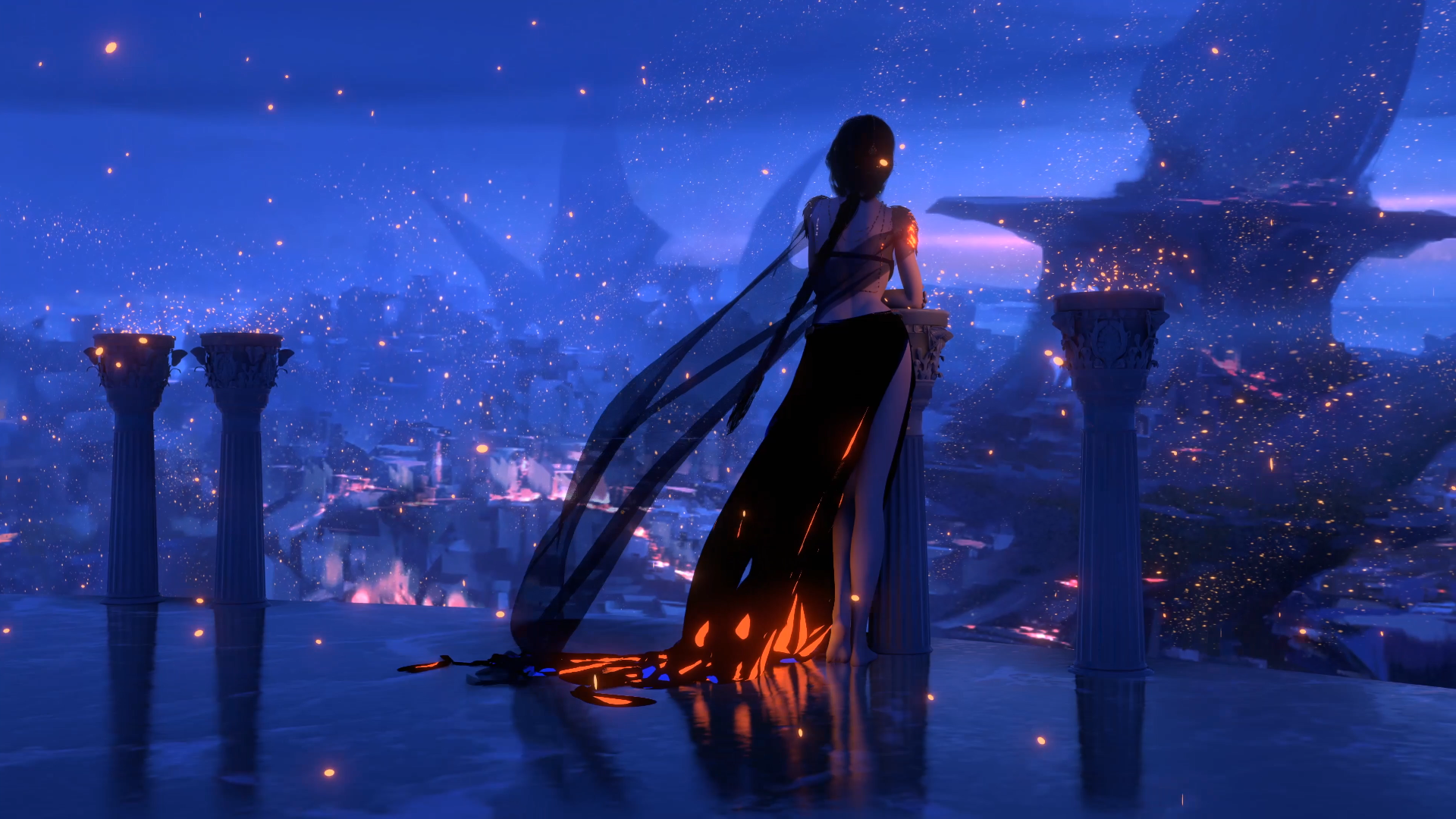 Woman in black dress overlooking a city at night HD Wallpaper