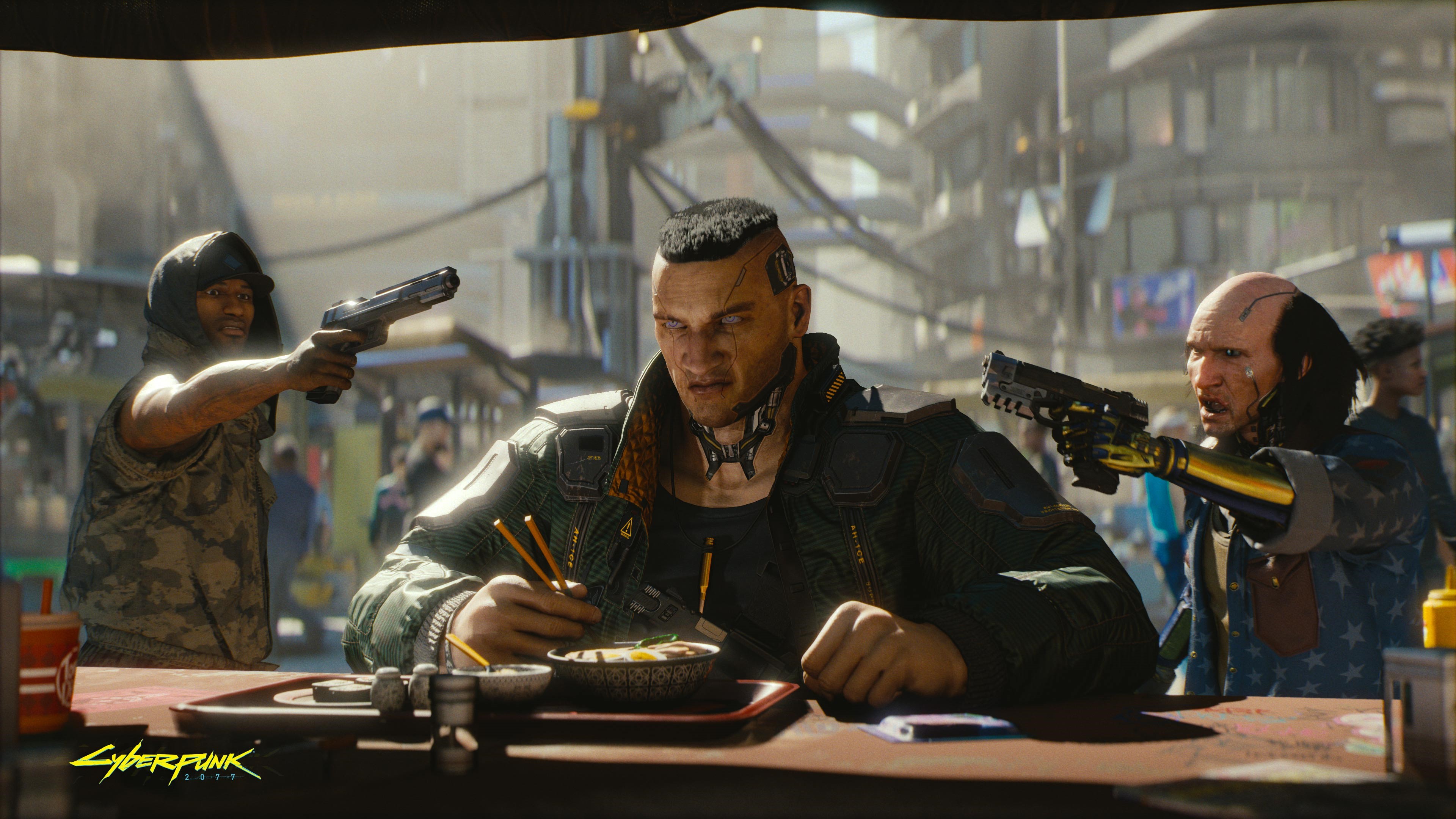 Cyberpunk 2077: Three people with guns pointed at a man eating HD Wallpaper