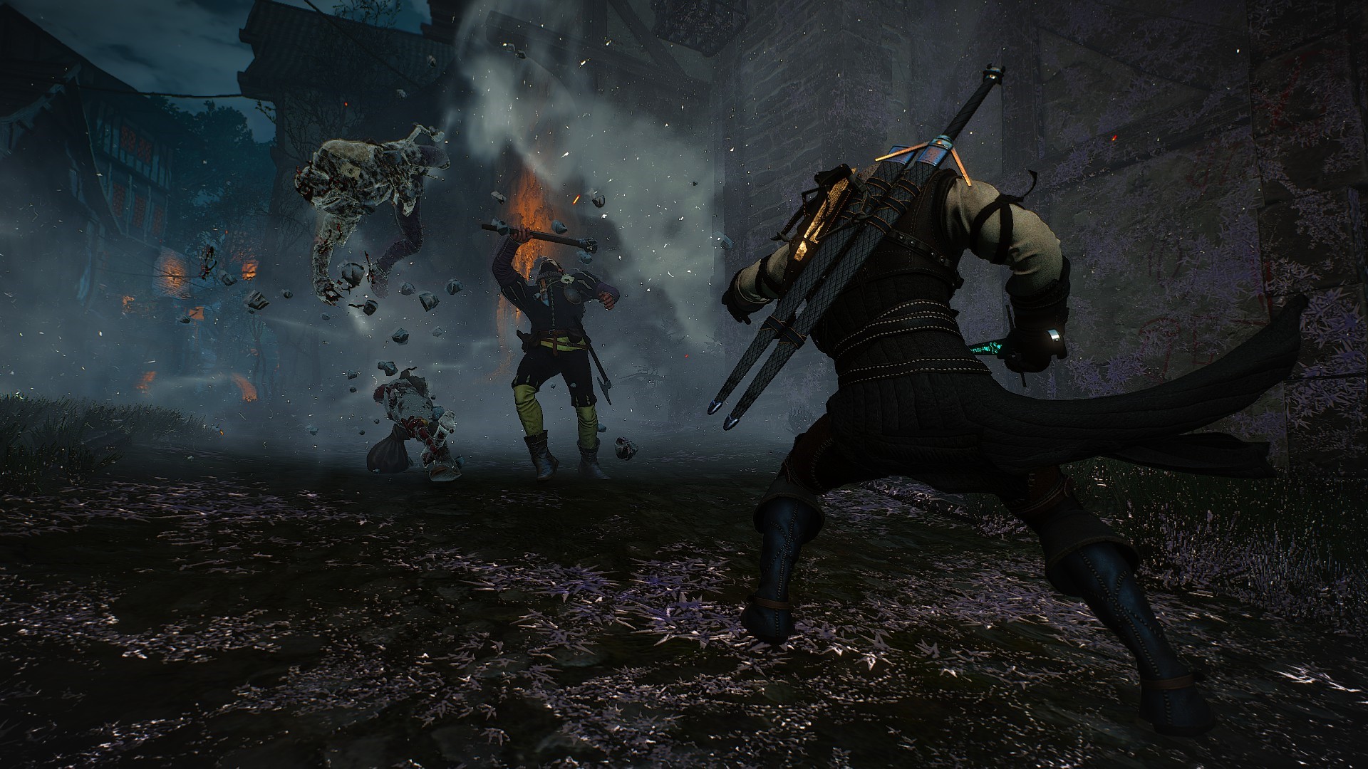Geralt of Rivia fighting monsters in The Witcher 3: Wild Hunt HD Wallpaper