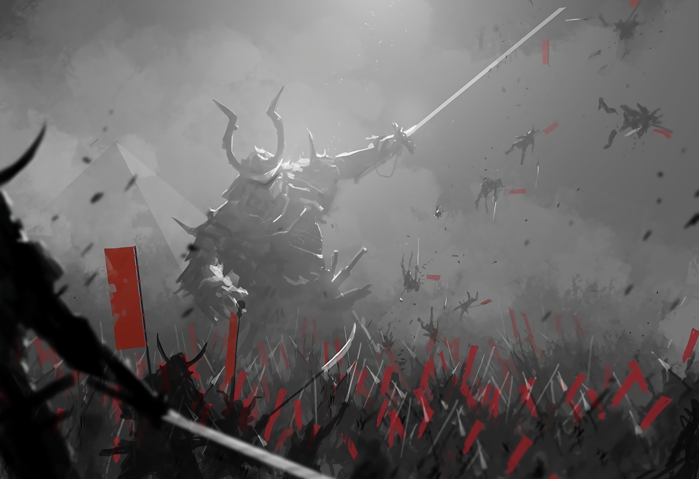 Giant Samurai warrior in battle with red flags HD Wallpaper