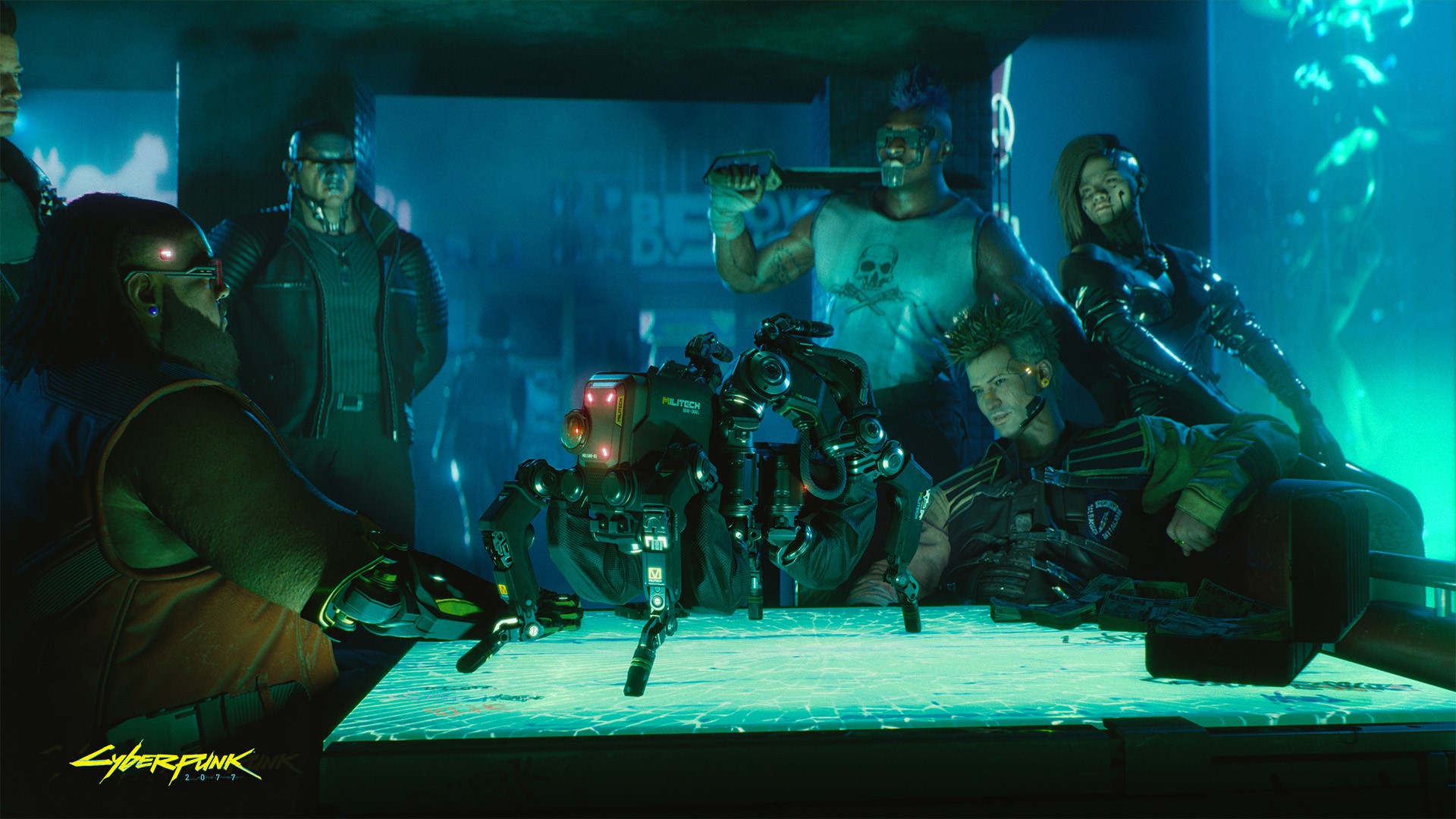Cyberpunk 2077 characters gathered around a table with a robot HD Wallpaper