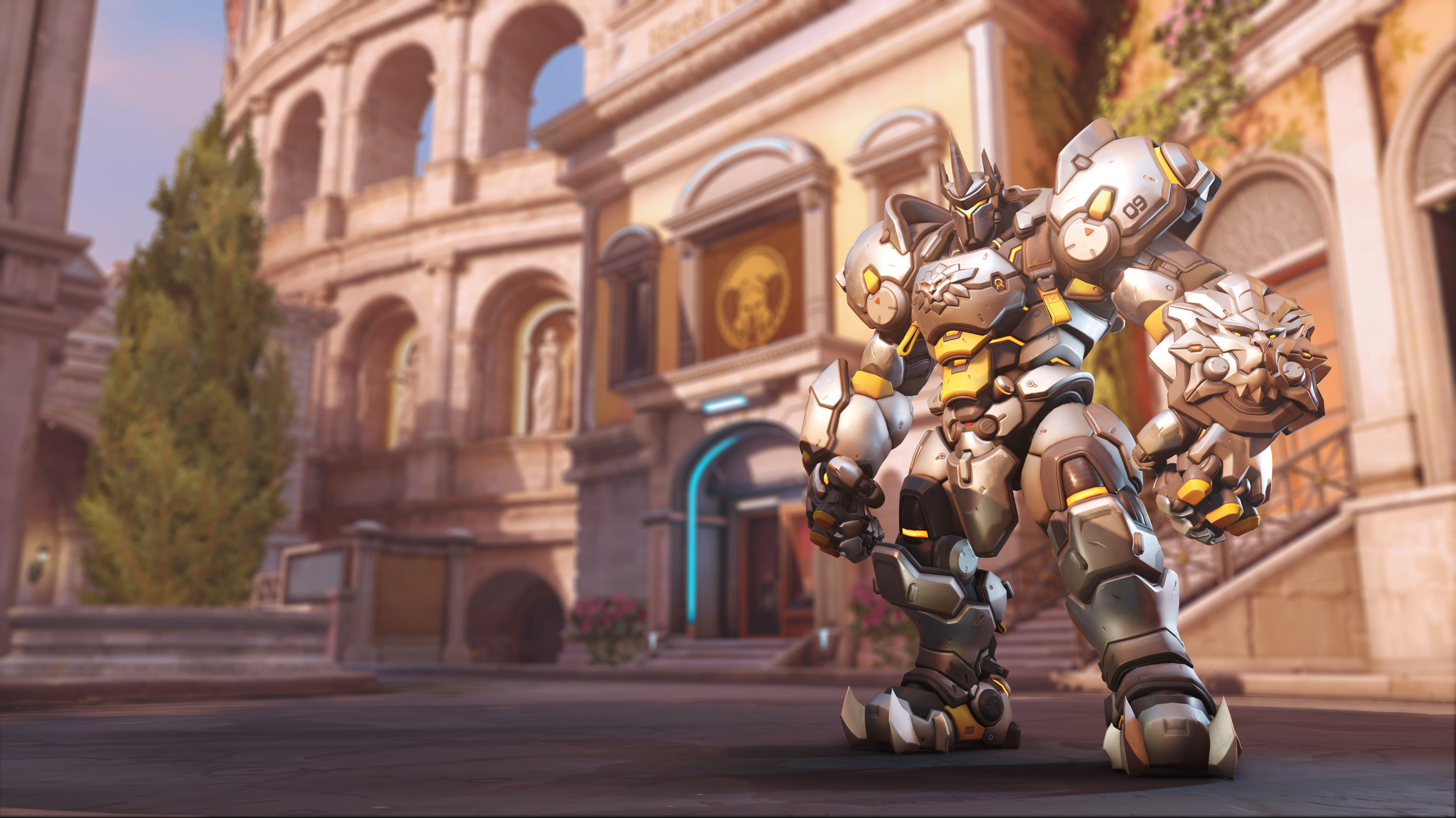 Reinhardt from Overwatch 2 in front of a building HD Wallpaper