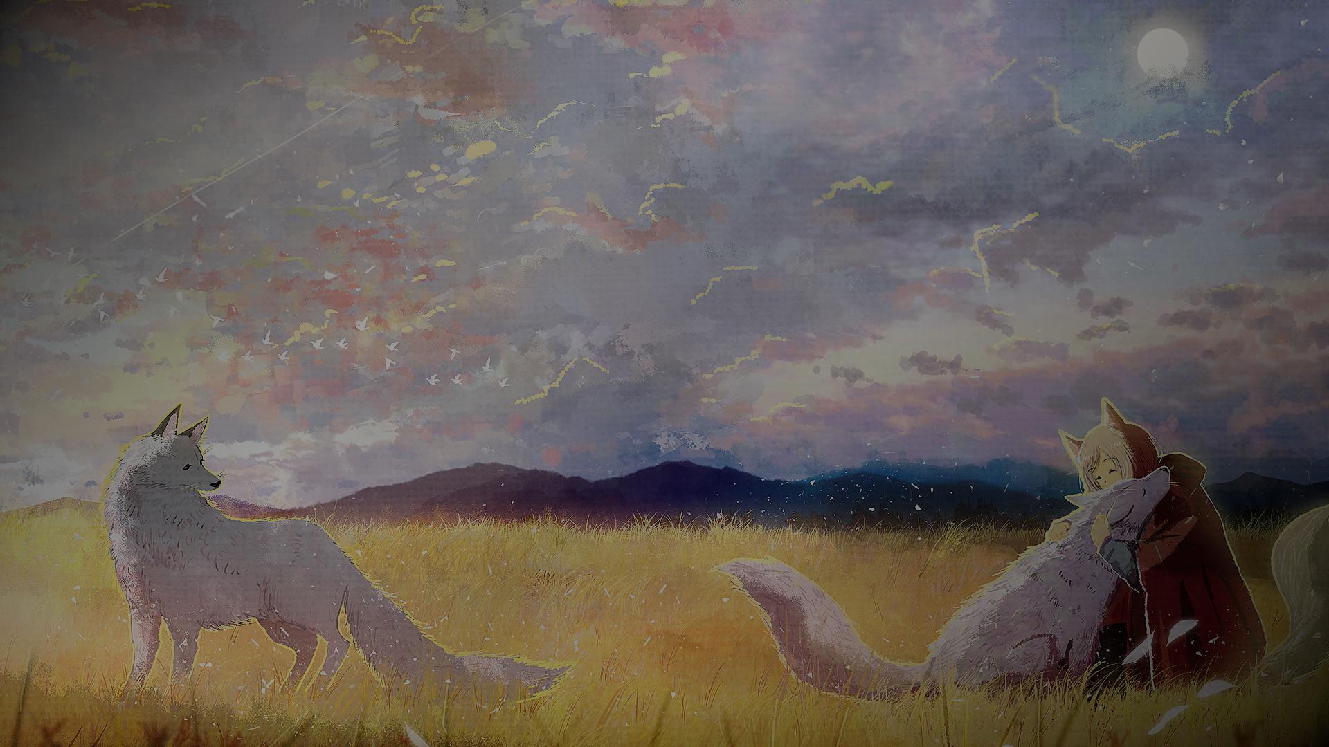 Anime art of foxes and a girl in a field HD Wallpaper