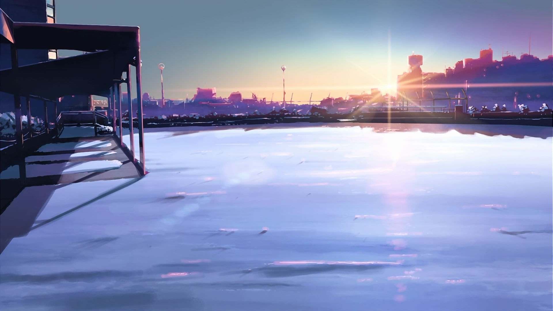 Anime landscape with city skyline at sunset HD Wallpaper