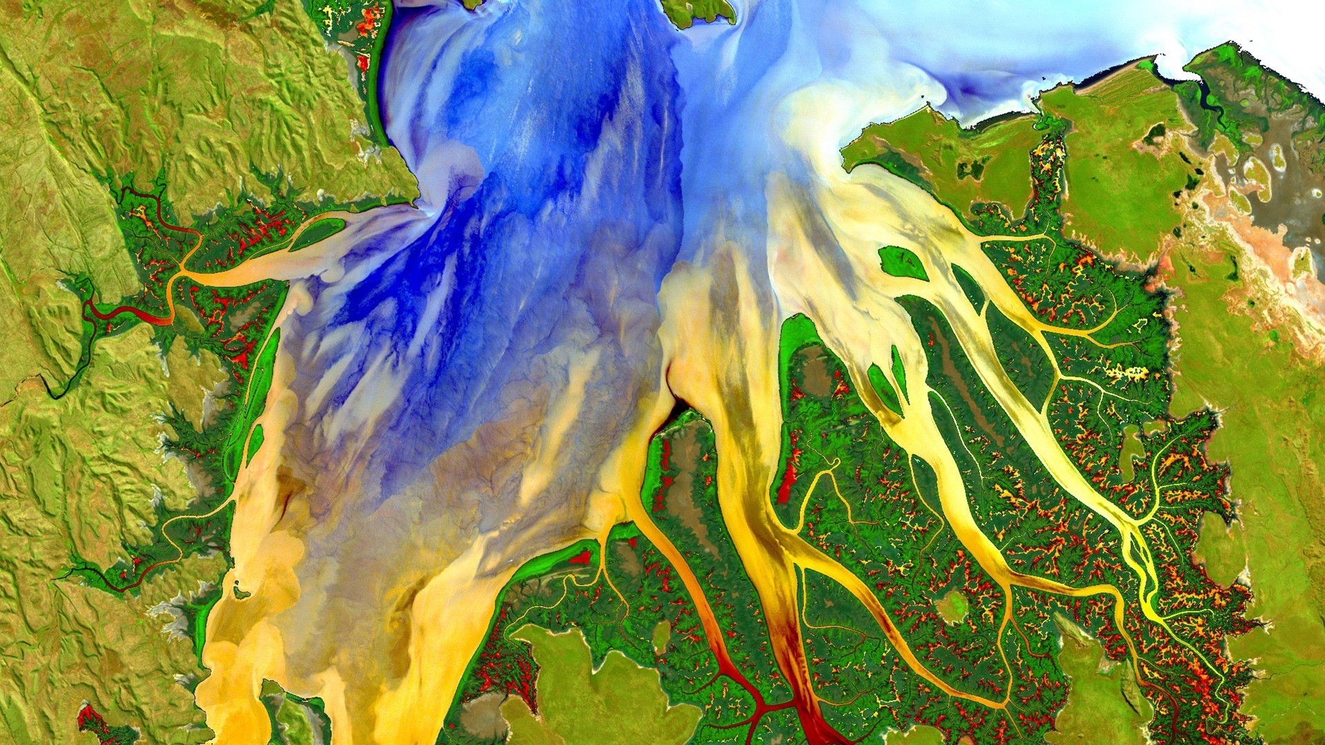 Satellite view of a river delta in Australia HD Wallpaper