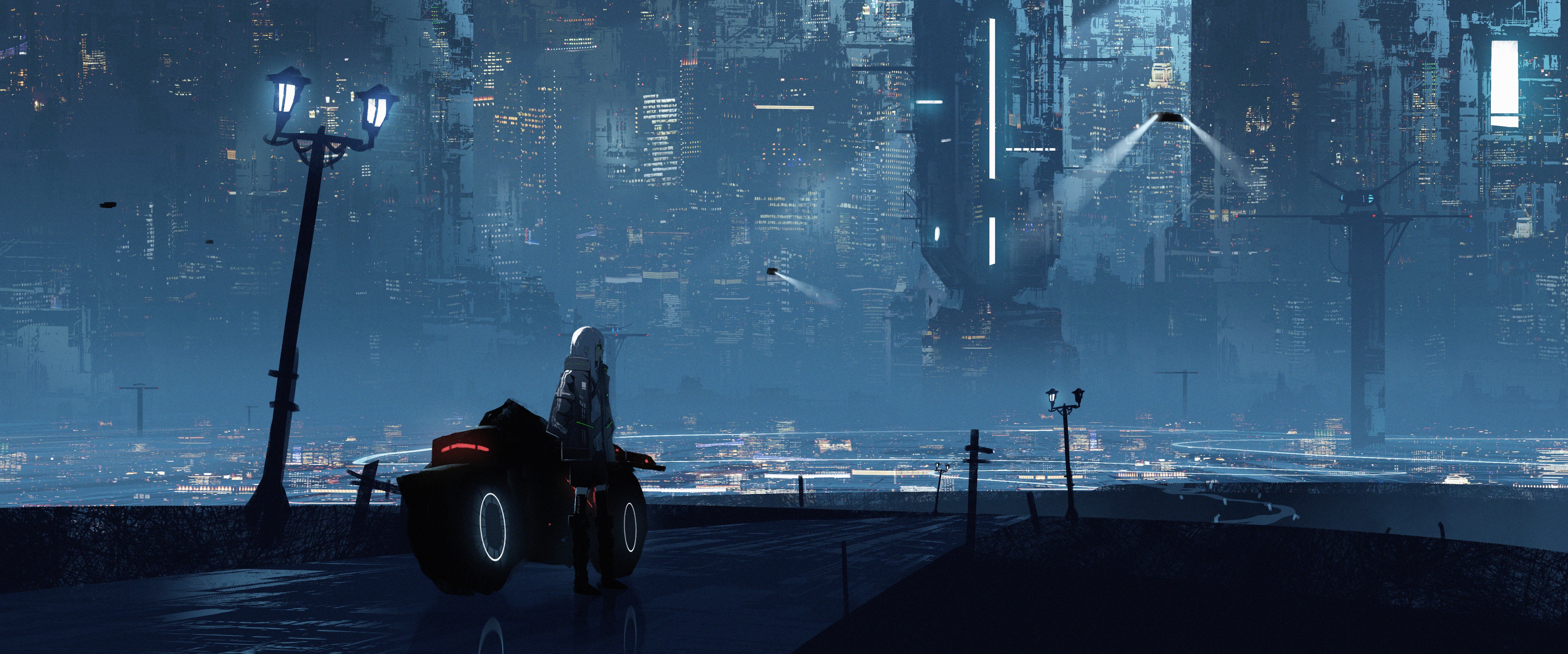 Cyberpunk city with a person on a motorcycle HD Wallpaper