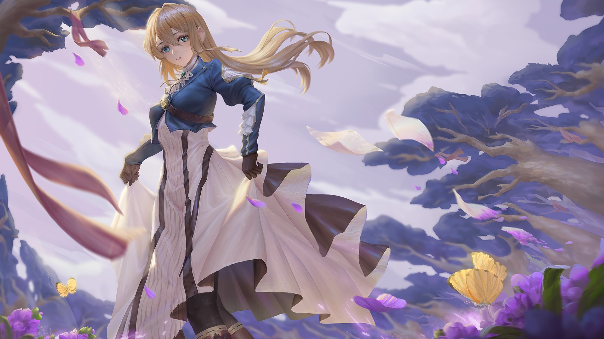 Violet Evergarden in a flowing dress with butterflies HD Wallpaper