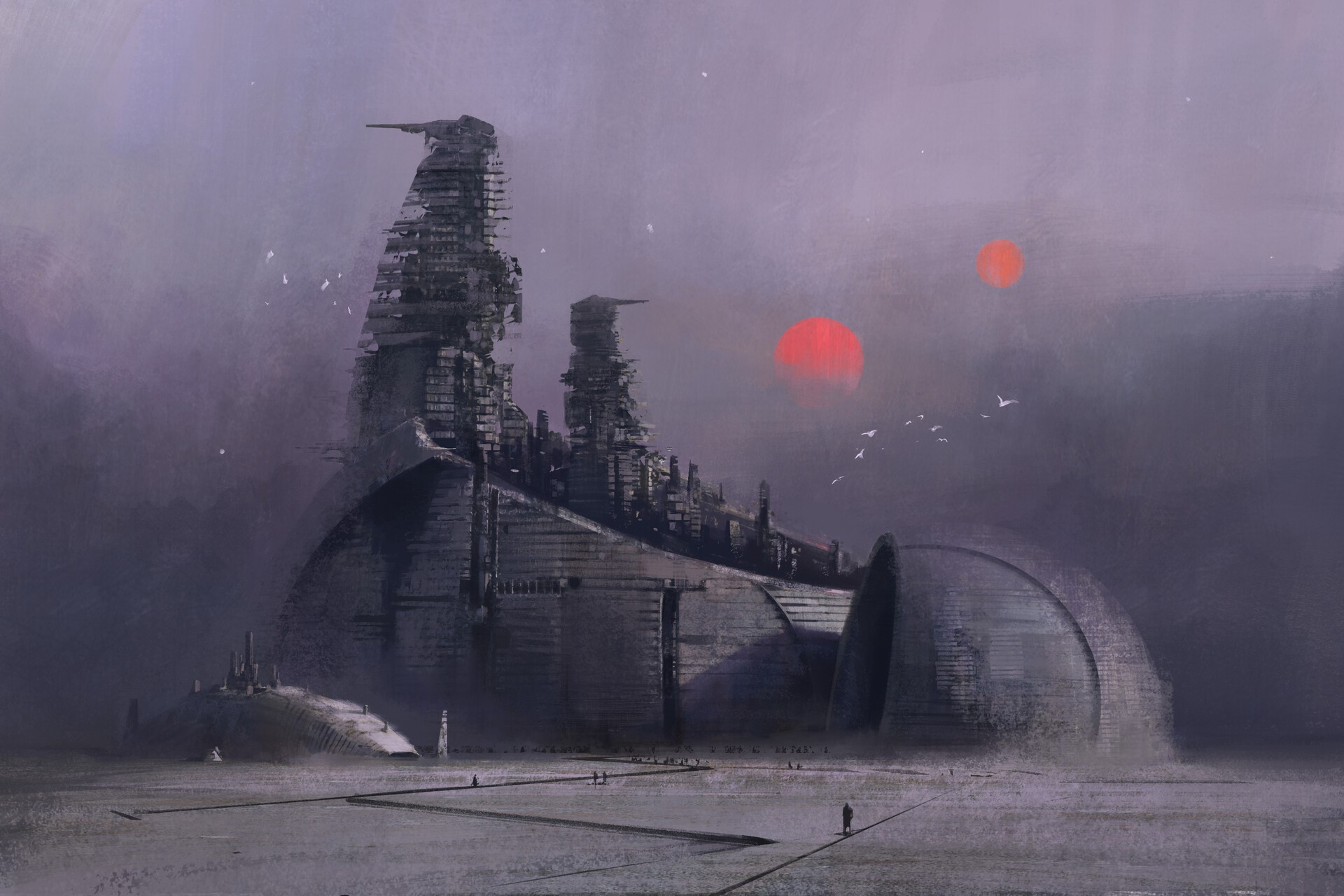 Futuristic city under binary starsystem HD Wallpaper