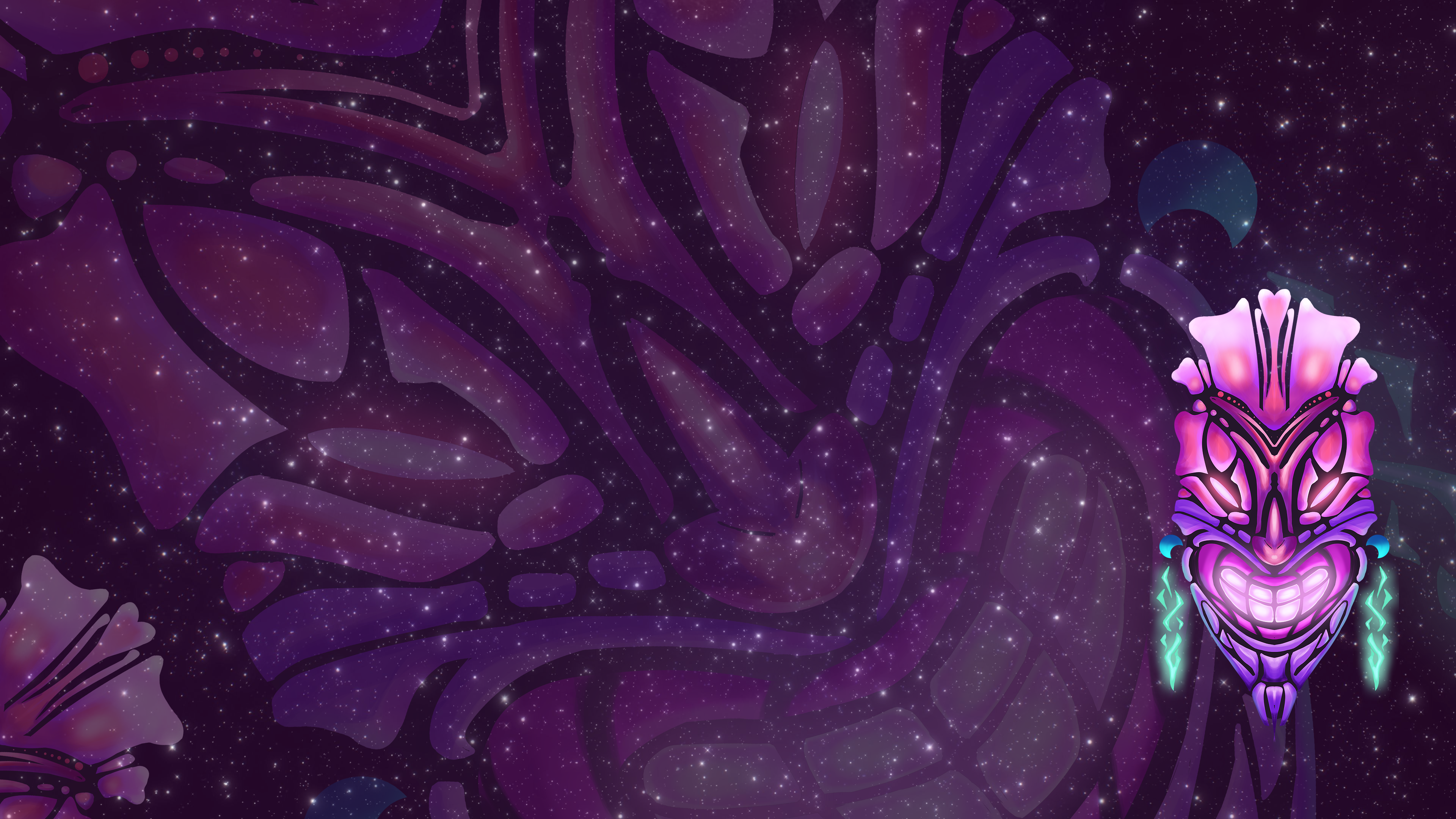 4K Glowing Tiki Mask in Space with Stars HD Wallpaper