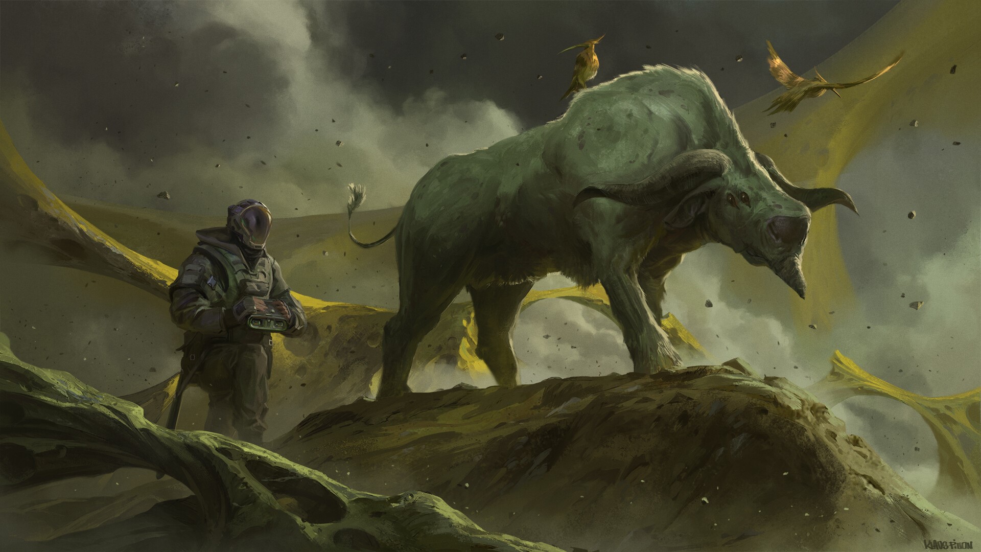 Scientist observing a green buffalo with birds in a desolate landscape HD Wallpaper