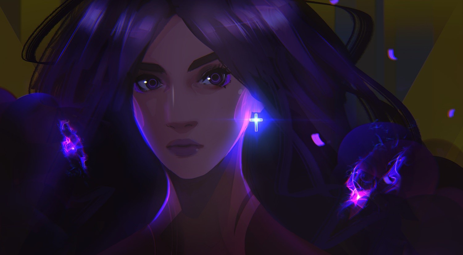 Woman with purple eyes and cross earring HD Wallpaper