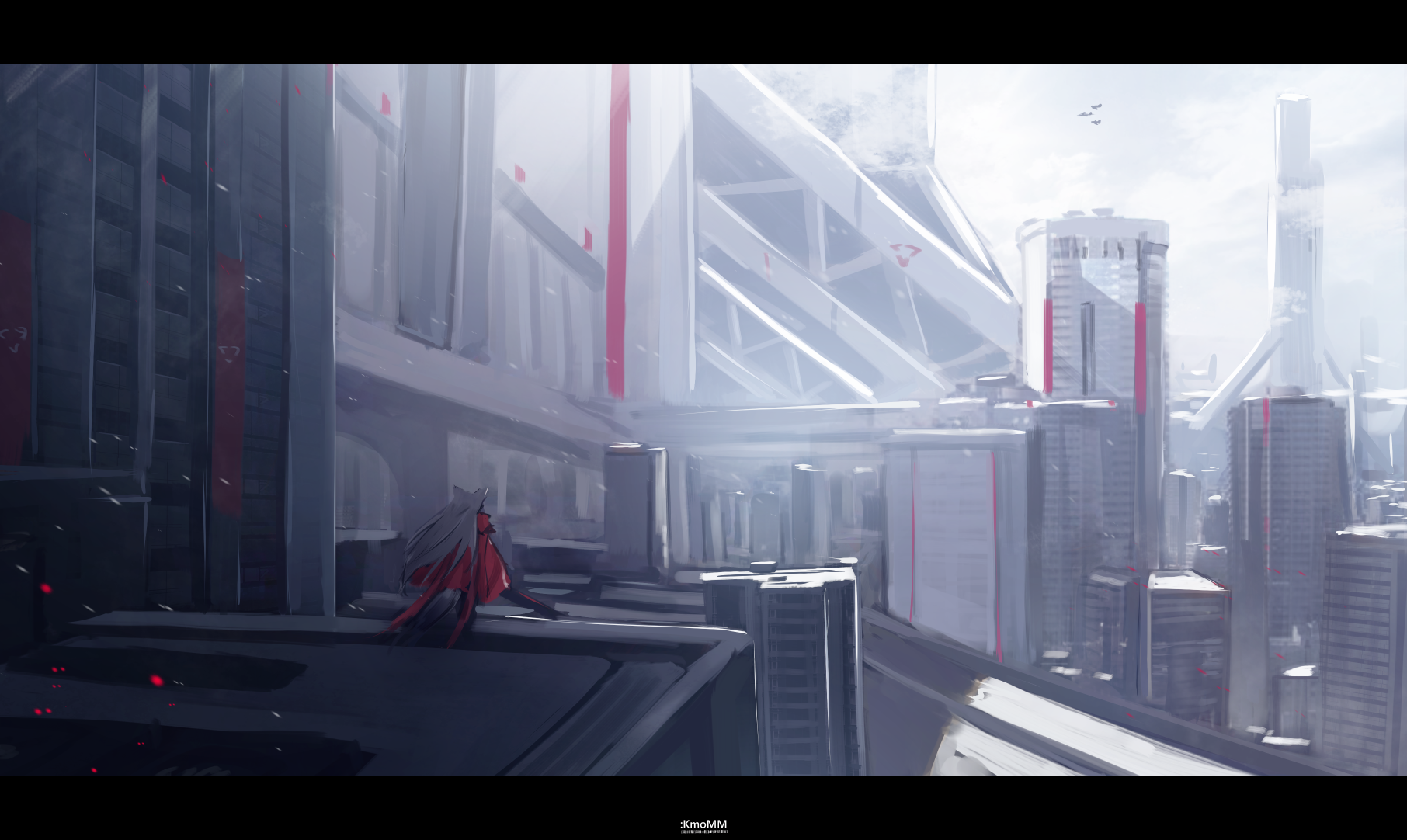Anime girl in red and white outfit in futuristic city HD Wallpaper