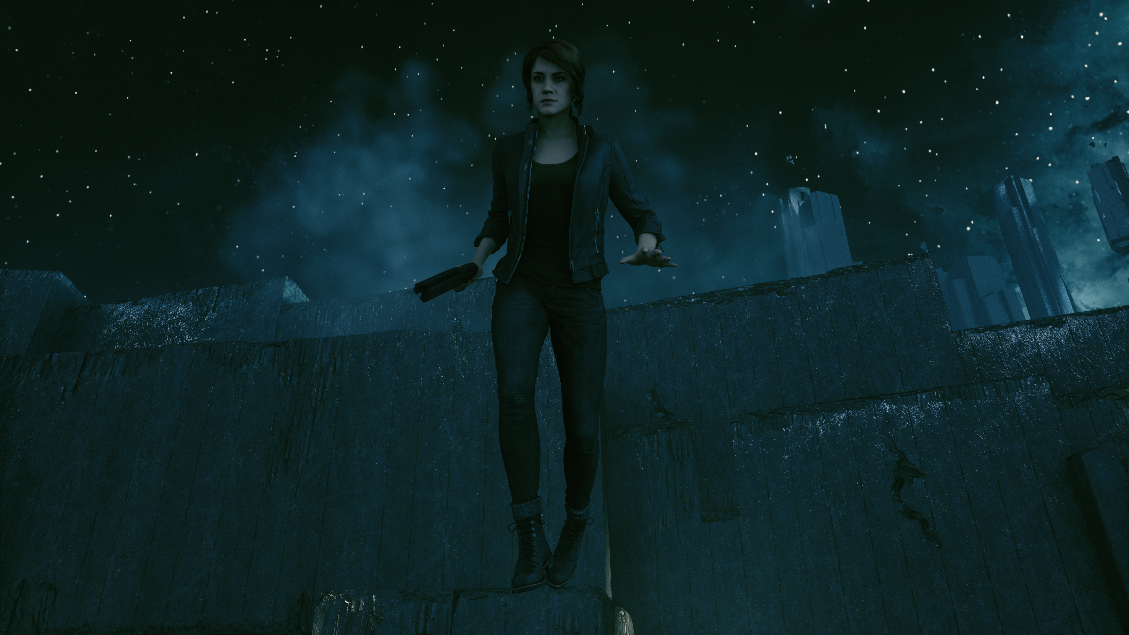 Jesse Faden from Control on a ledge at night HD Wallpaper