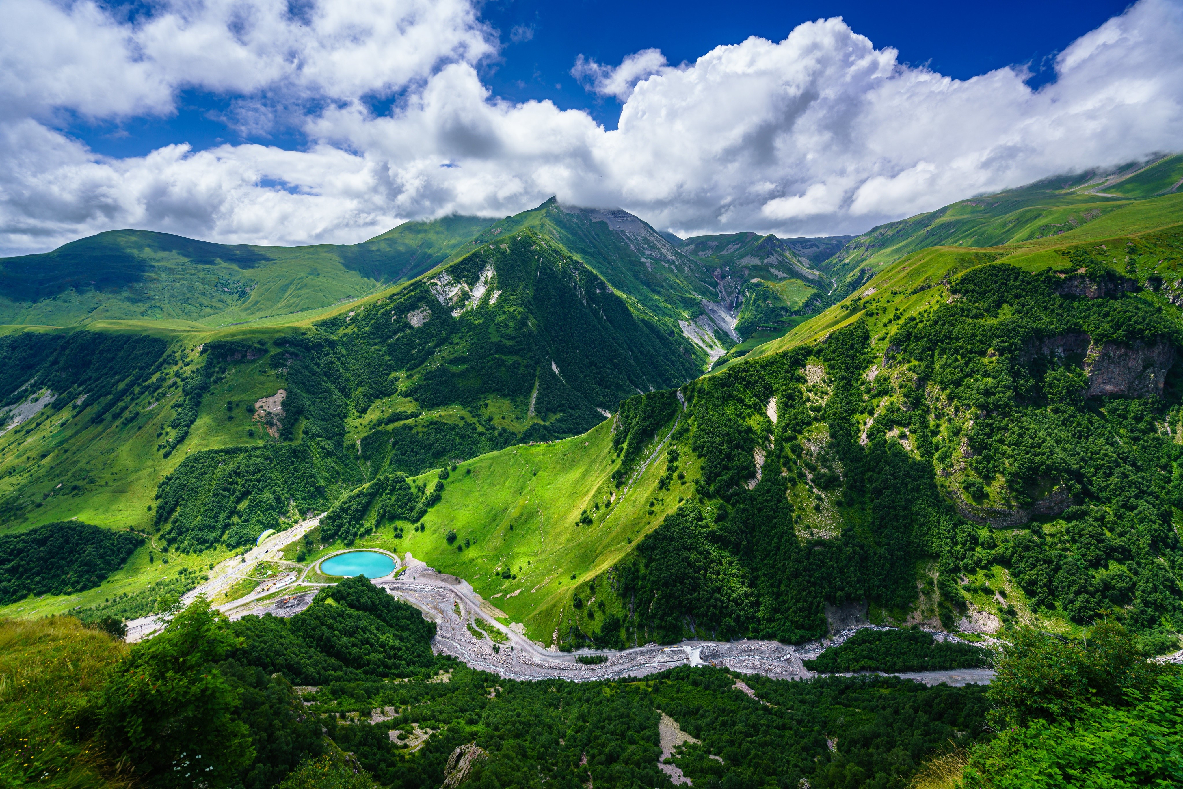 Green Mountains Landscape with Blue Lake and Clouds HD Wallpaper