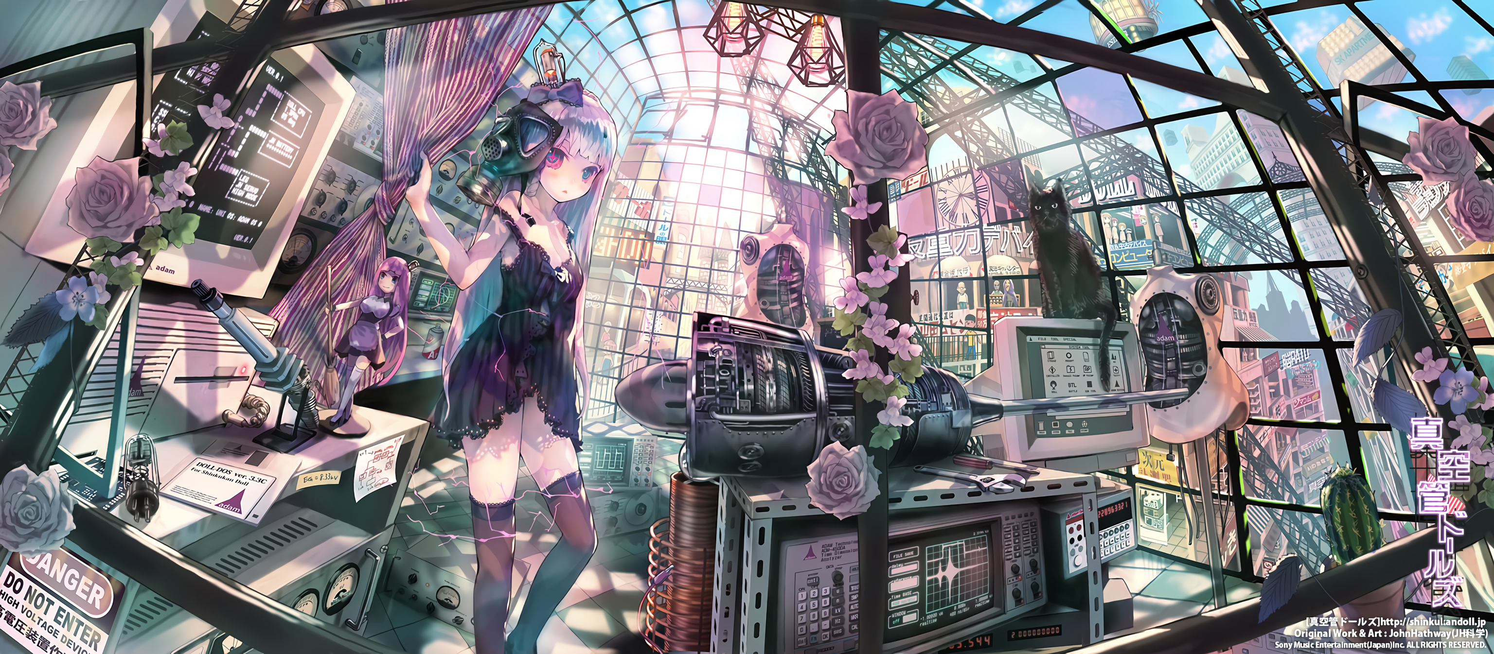 Anime girl in laboratory with cat and flowers HD Wallpaper