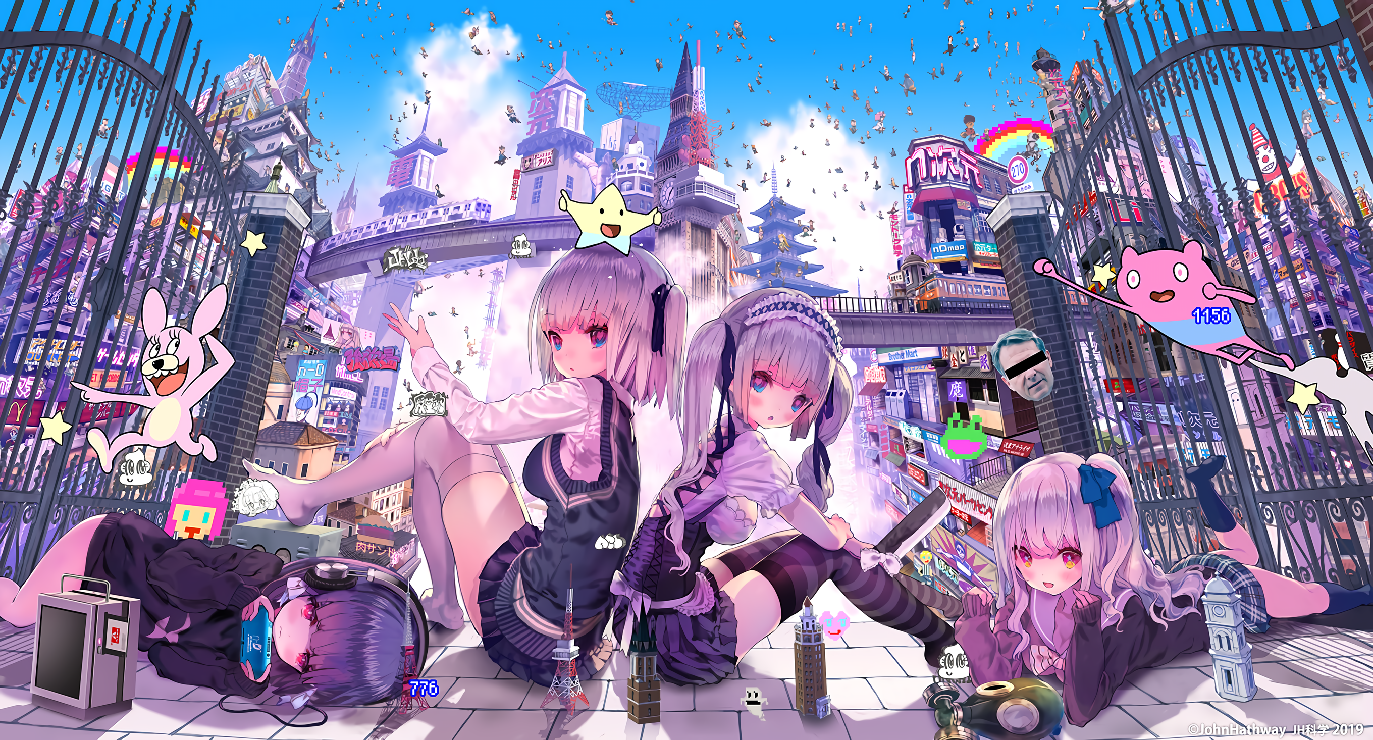 Anime girls in a colorful cityscape by JohnHathway HD Wallpaper