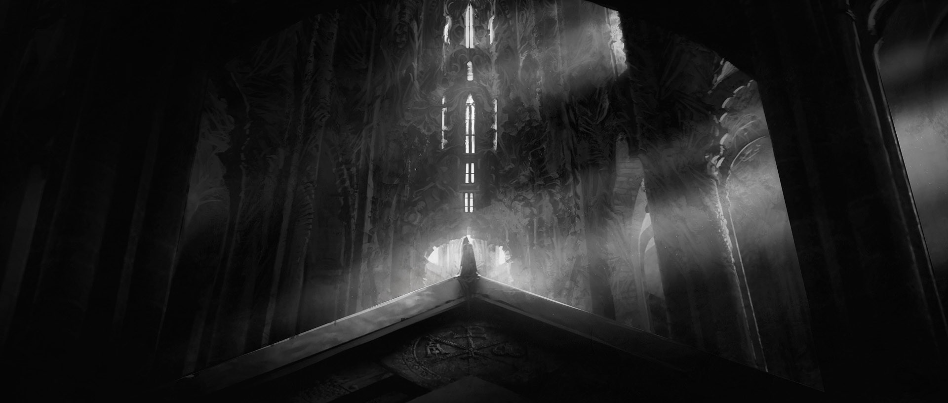 Monochrome fantasy art of a dark, ornate hall HD Wallpaper