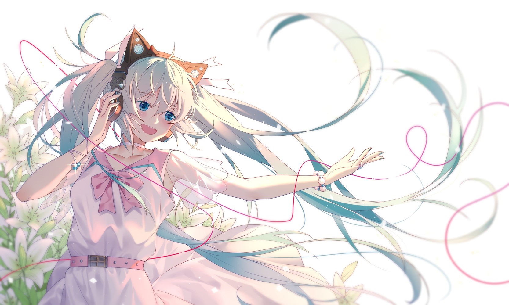 Hatsune Miku from Vocaloid with headphones and flowers HD Wallpaper