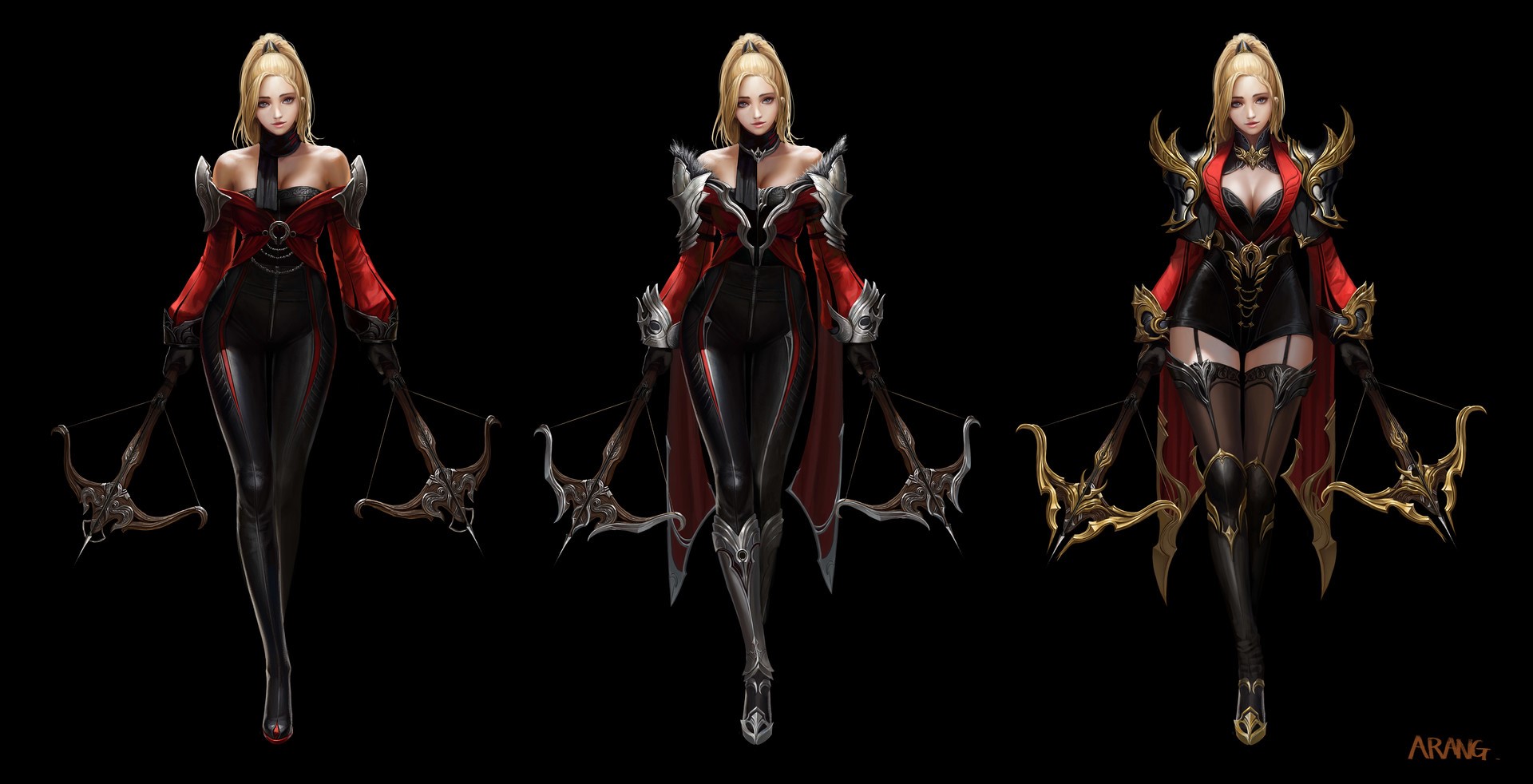 Woman with blonde ponytail and crossbows in red and black outfits HD Wallpaper