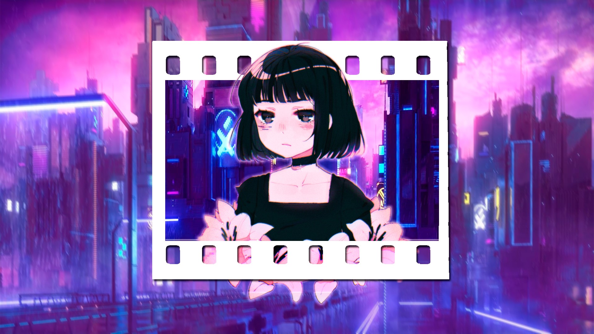 Anime girl in a film strip over a neon city HD Wallpaper