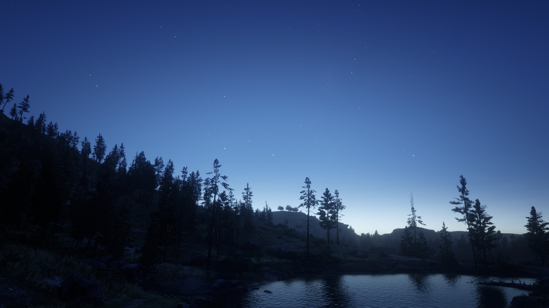 Night sky over a forest and lake in Red Dead Redemption 2 HD Wallpaper