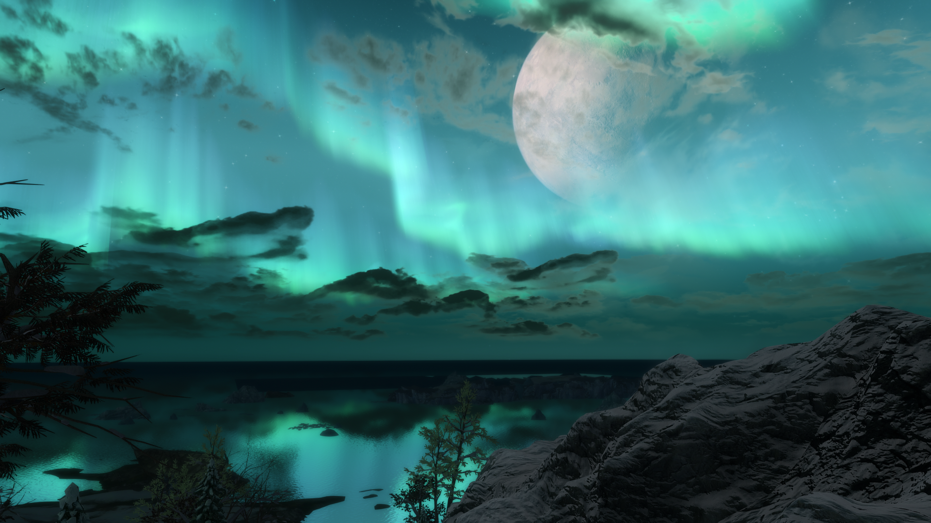 Skyrim Aurora Borealis over a lake with a large moon HD Wallpaper