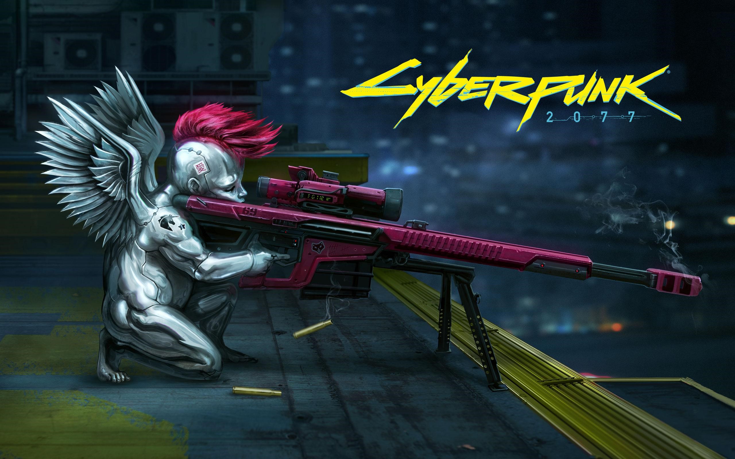 Cyberpunk 2077 game art with winged character and sniper rifle HD Wallpaper