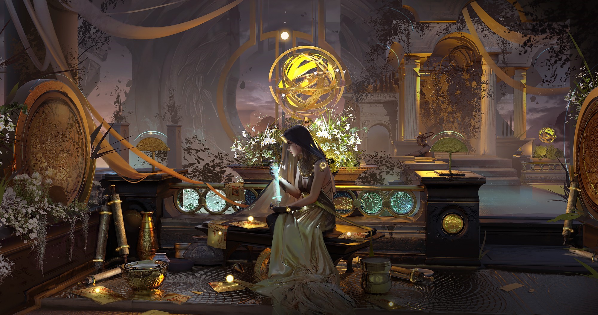Fantasy girl with astrolabe in ornate room HD Wallpaper