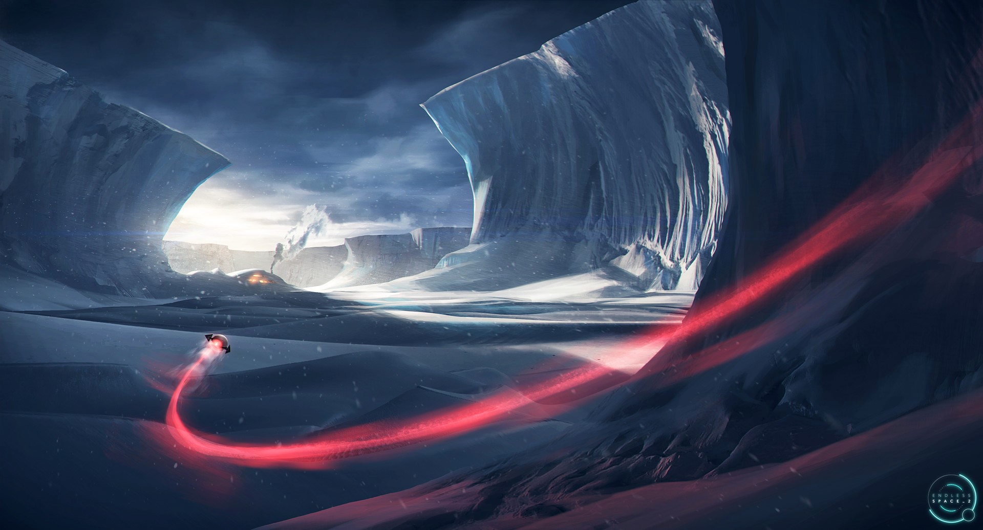 Spaceship with red light trail in Endless Space 2 ice landscape HD Wallpaper