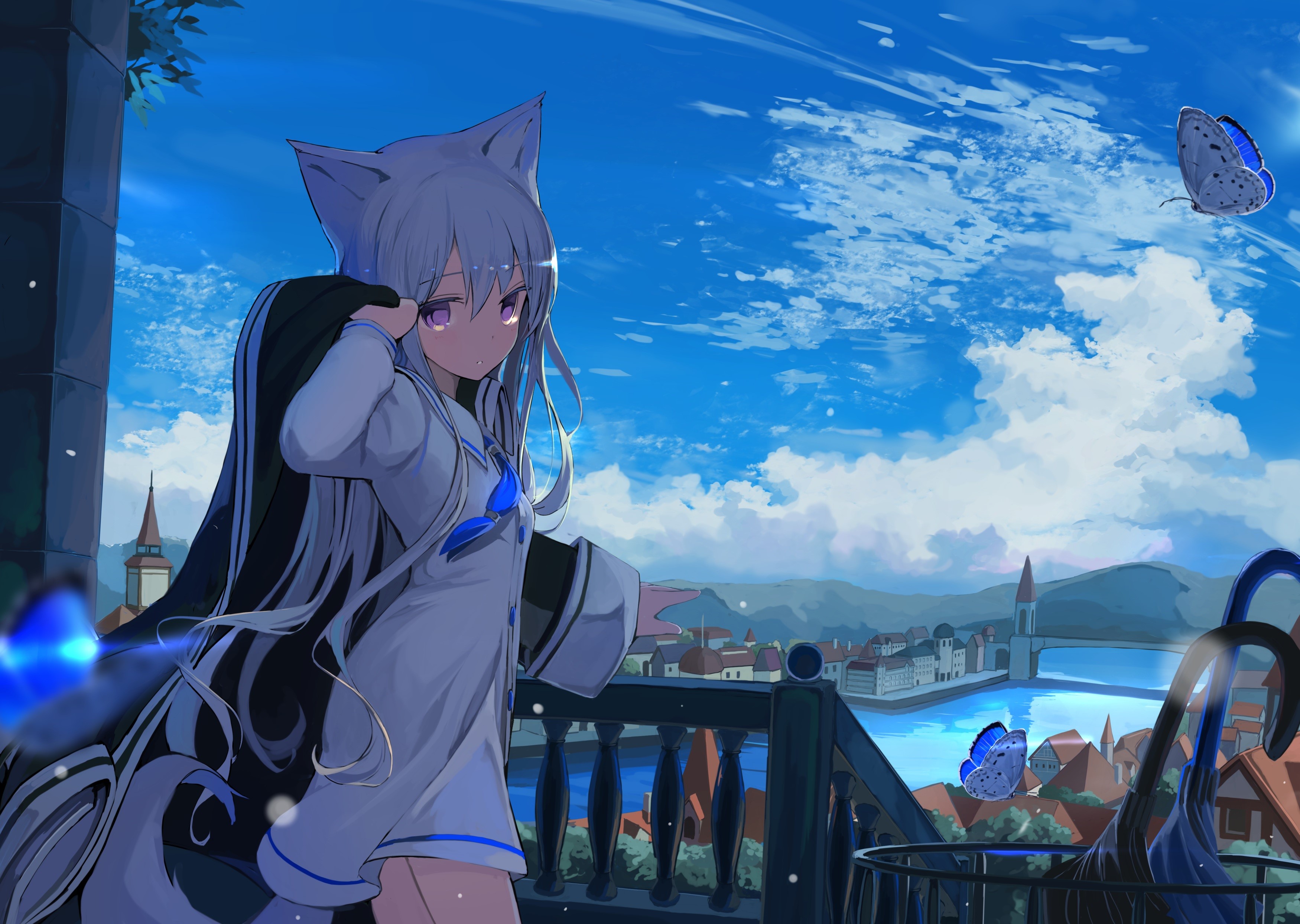 Anime girl with animal ears on a balcony overlooking a city HD Wallpaper