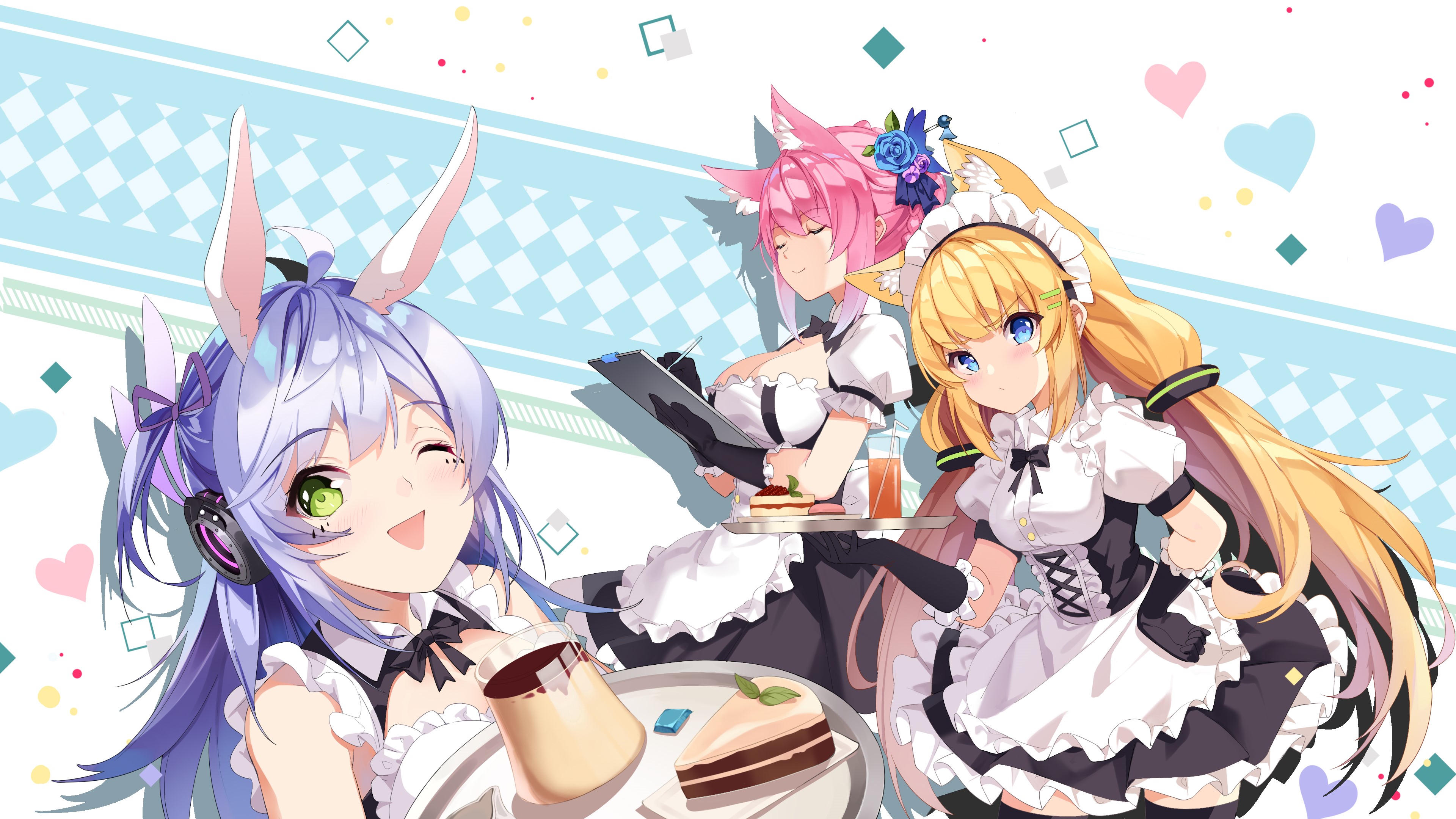 Anime maids with animal ears serving dessert HD Wallpaper