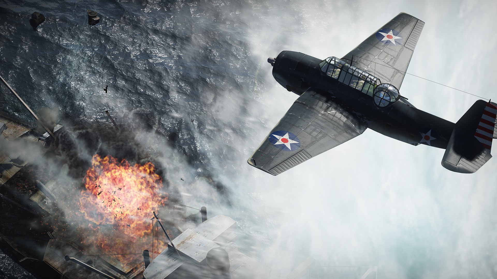 World War II bomber attacks a ship with an explosion HD Wallpaper