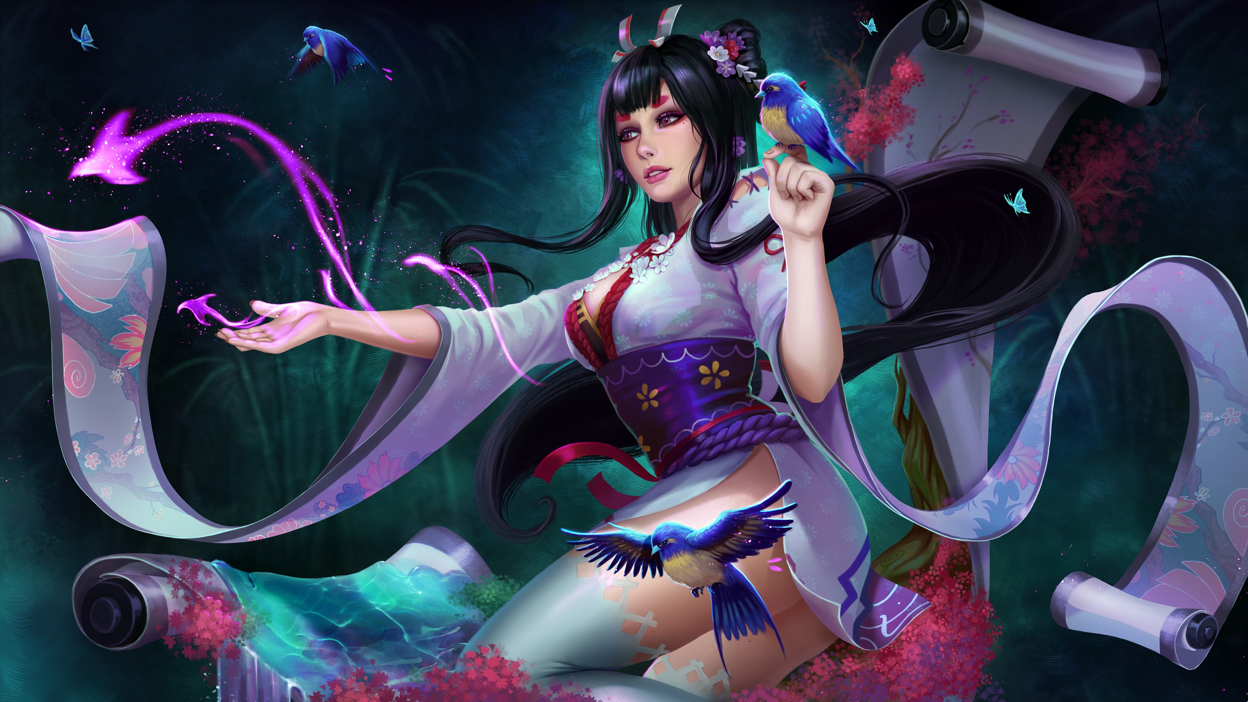 Woman in kimono with birds and scrolls HD Wallpaper