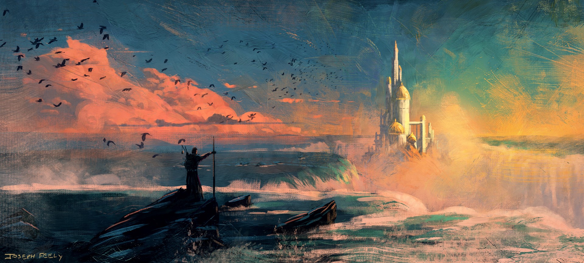 Artwork of a castle by a waterfall at sunset HD Wallpaper
