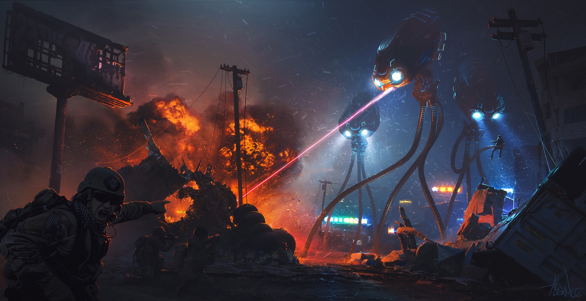 War of the Worlds Tripods attacking a city with soldiers HD Wallpaper