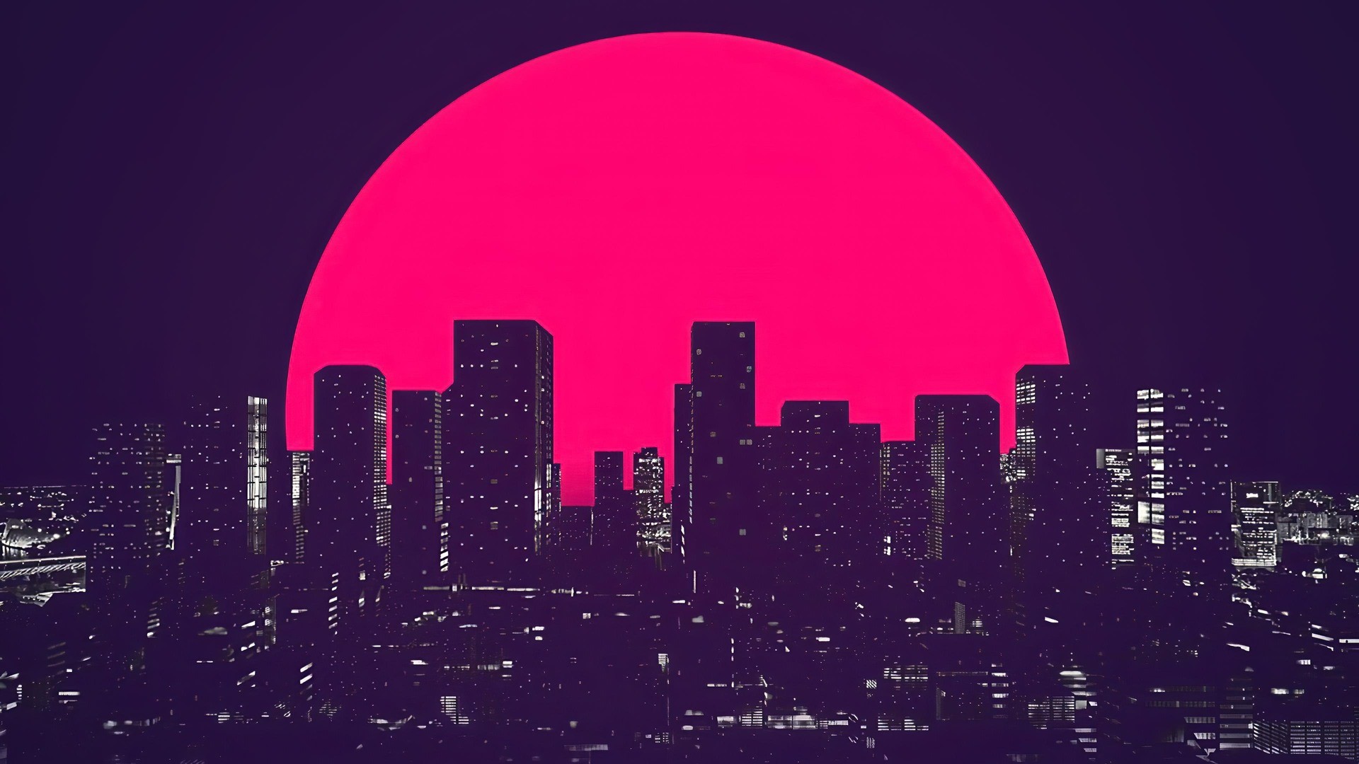 Cityscape with Pink Moon at Night HD Wallpaper