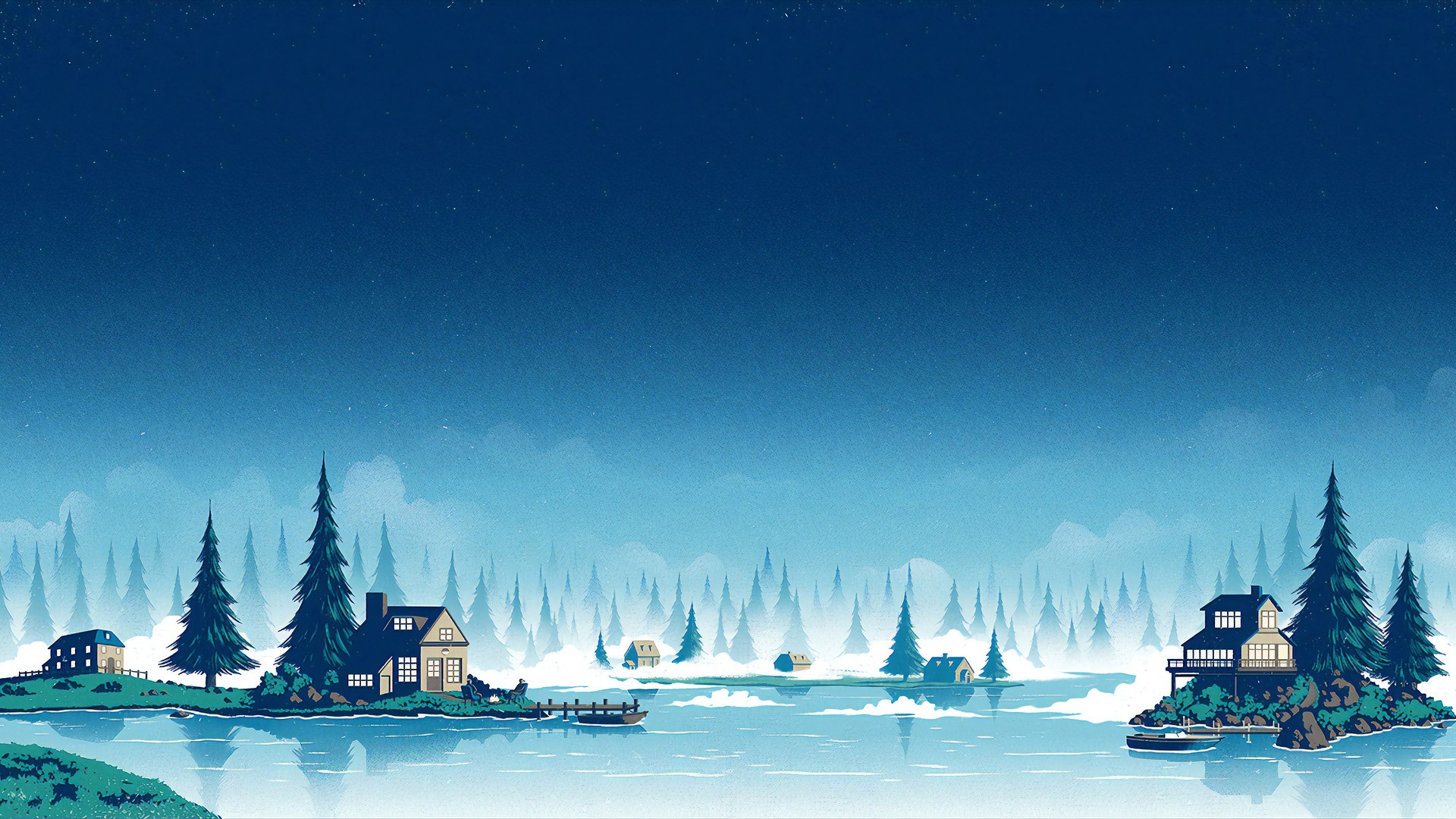 Minimalist winter landscape with houses and trees reflected in water HD Wallpaper