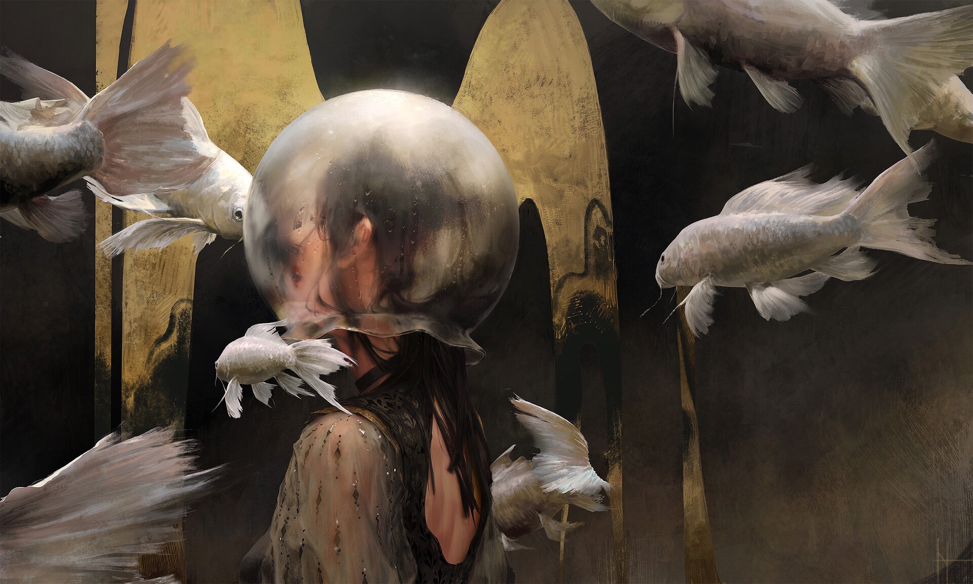 Fantasy girl with fish and orb HD Wallpaper