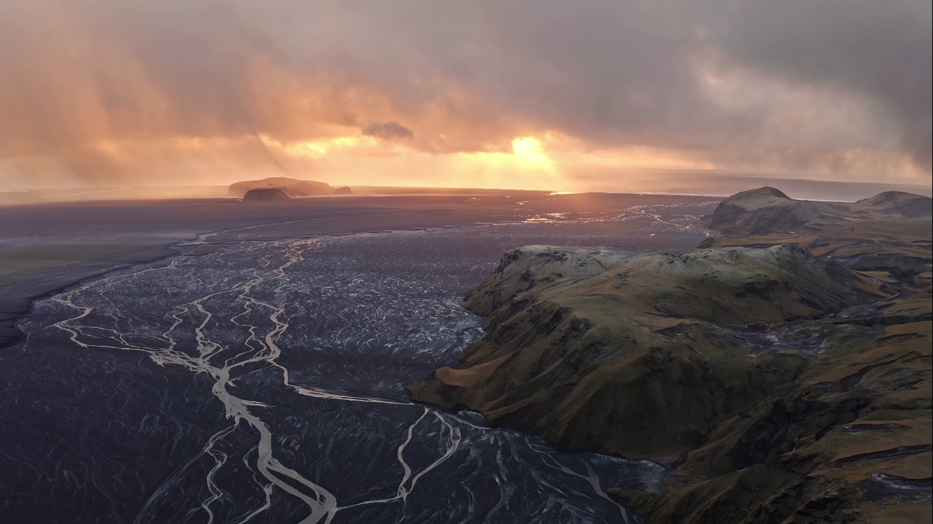 Aerial view of Iceland coast with river delta at sunset HD Wallpaper