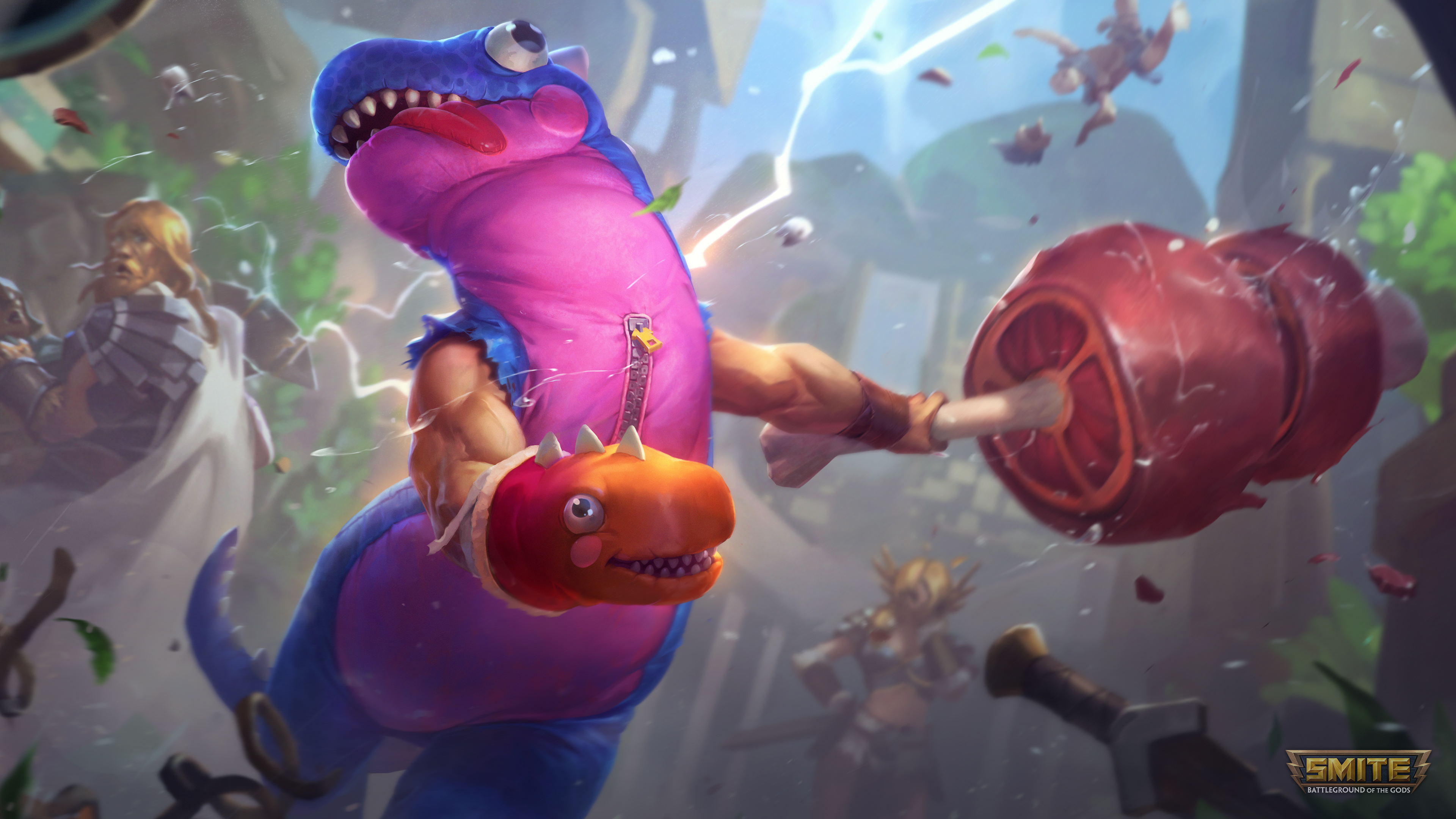 Tyr-Rex Tyr from Smite holding a giant ham hock HD Wallpaper