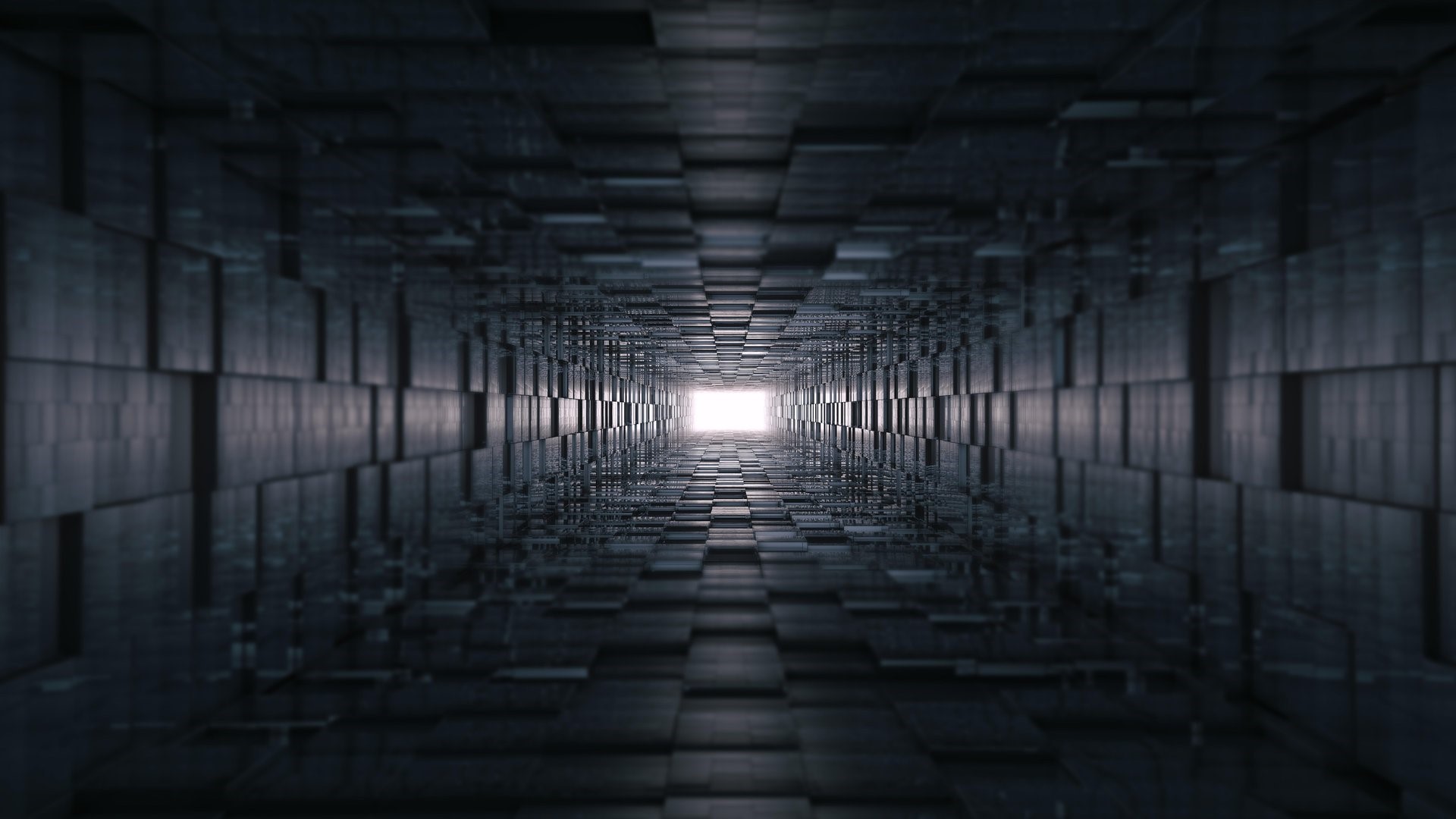 Abstract 3D tunnel with geometric blocks and light HD Wallpaper