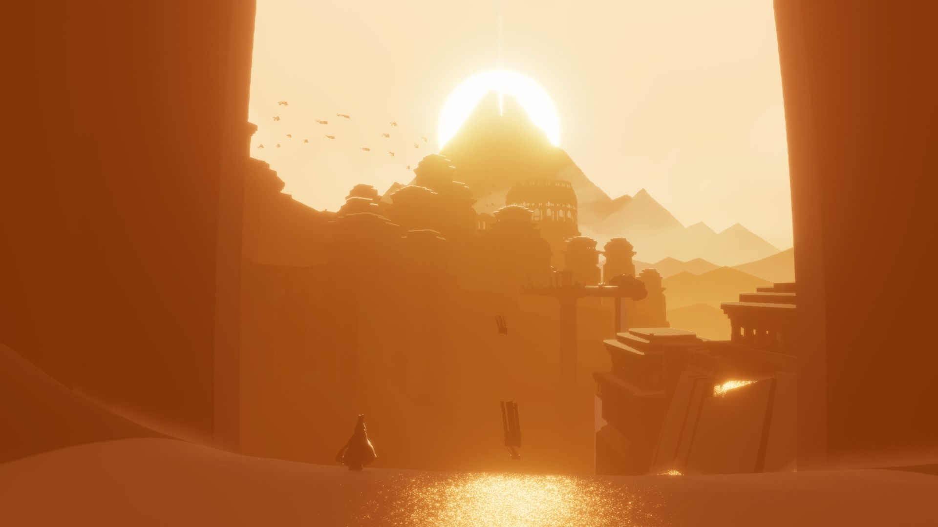 Journey game desert landscape with sun and ruins HD Wallpaper