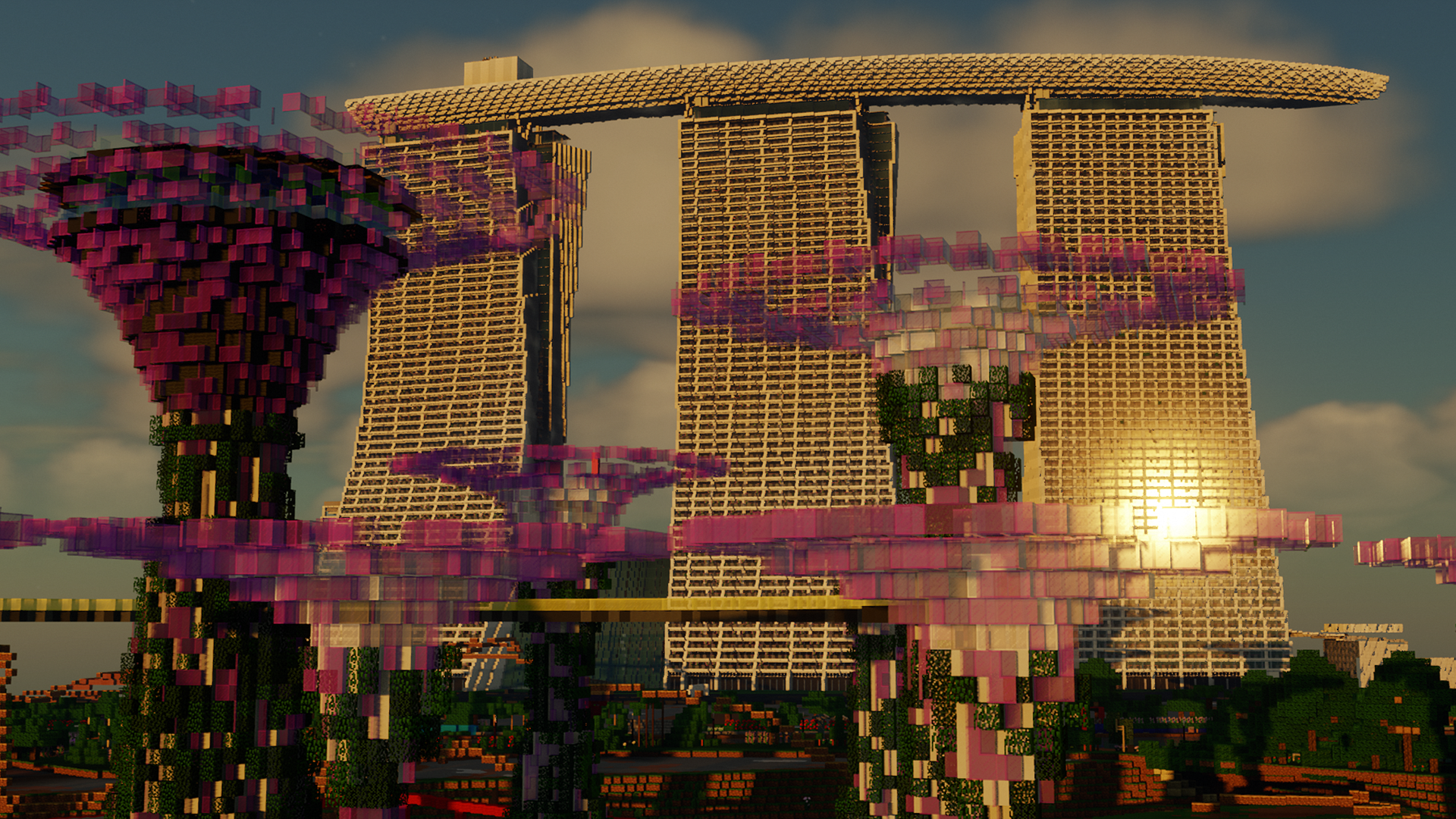 Minecraft recreation of Marina Bay Sands Hotel and Gardens by the Bay HD Wallpaper