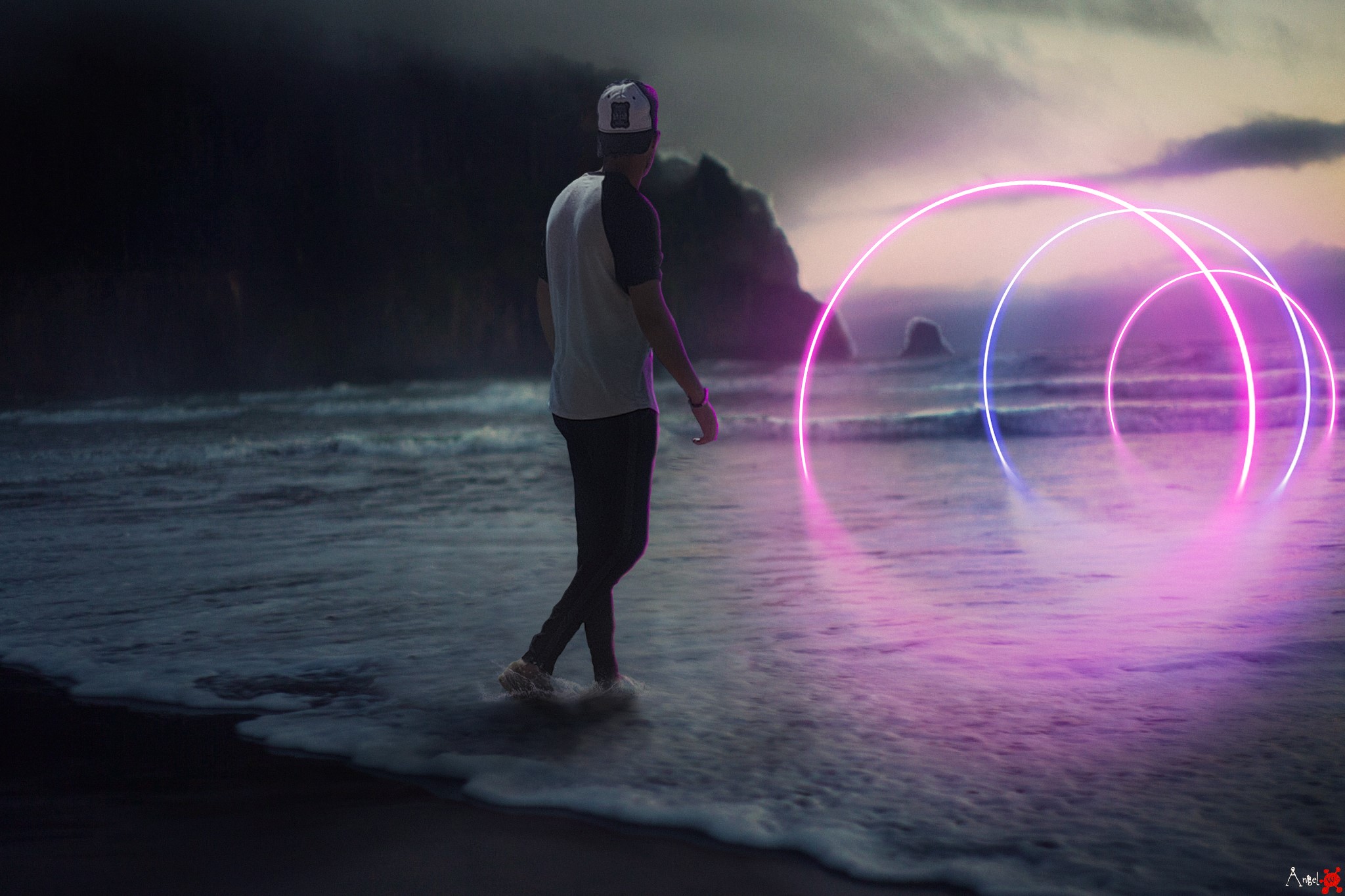 Person walking on beach with neon circles HD Wallpaper