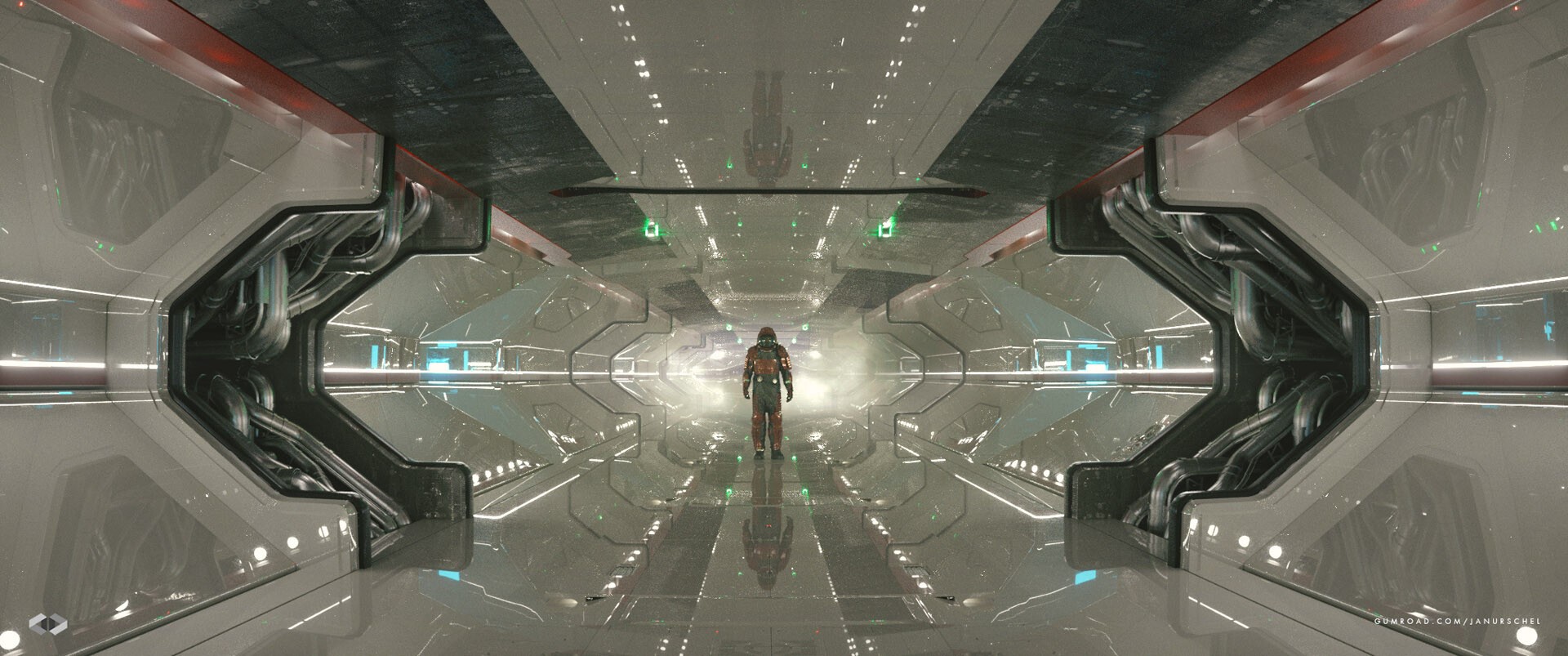Astronaut in a futuristic spaceship corridor HD Wallpaper